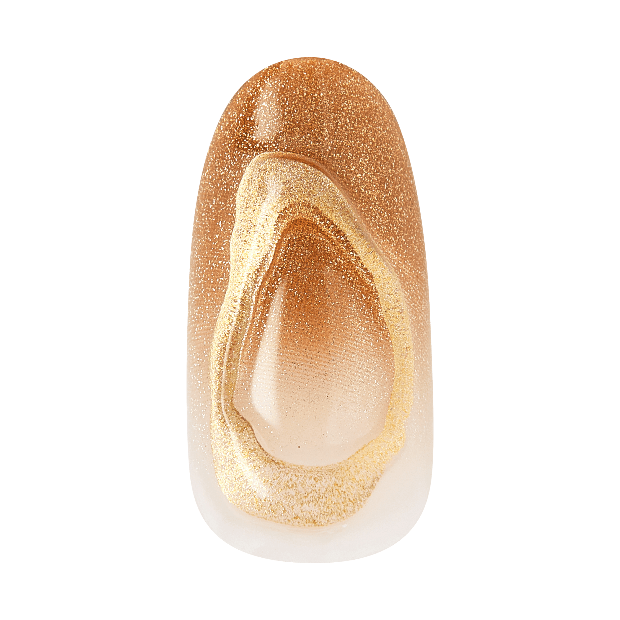 Oval nail with gold glitter gradient design from nude base to bronze tip