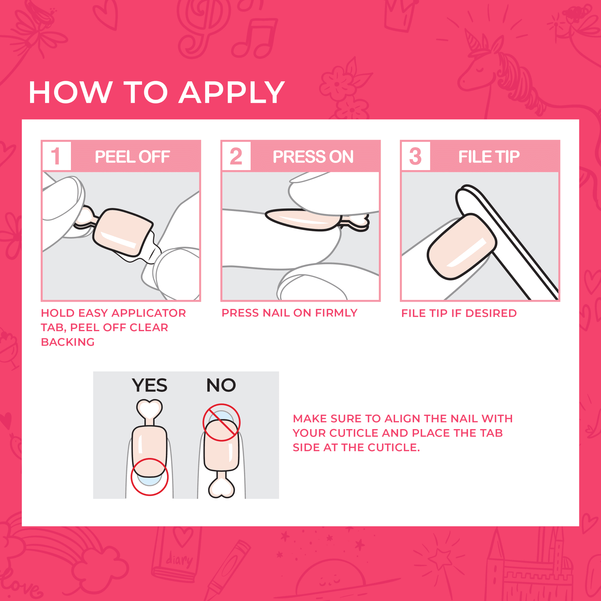 Instructions for applying press-on nails in three steps: peel off, press on, file tip.