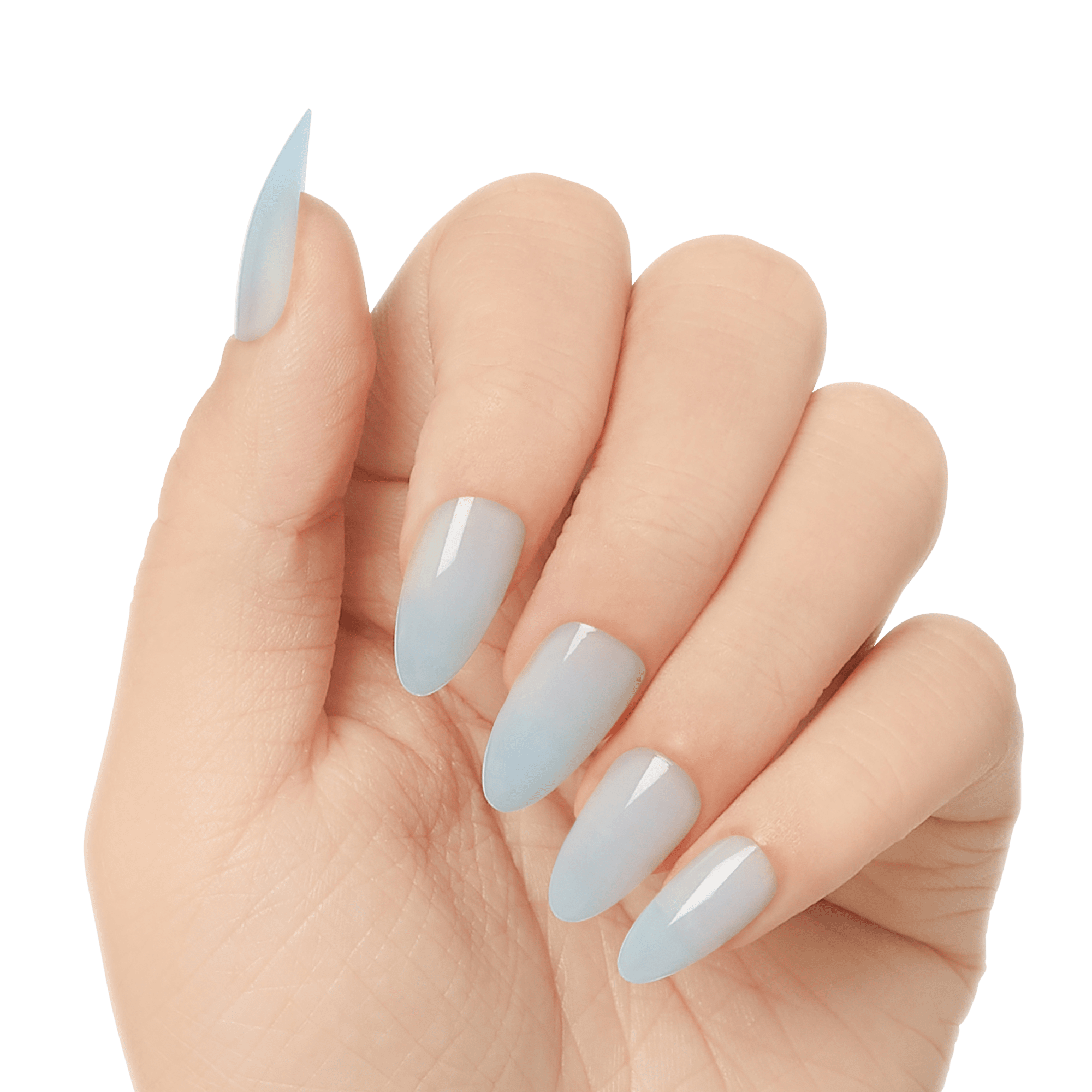 Hand with five long, almond-shaped press-on gel nails in a soft gradient of pale blue to light gray, glossy finish.