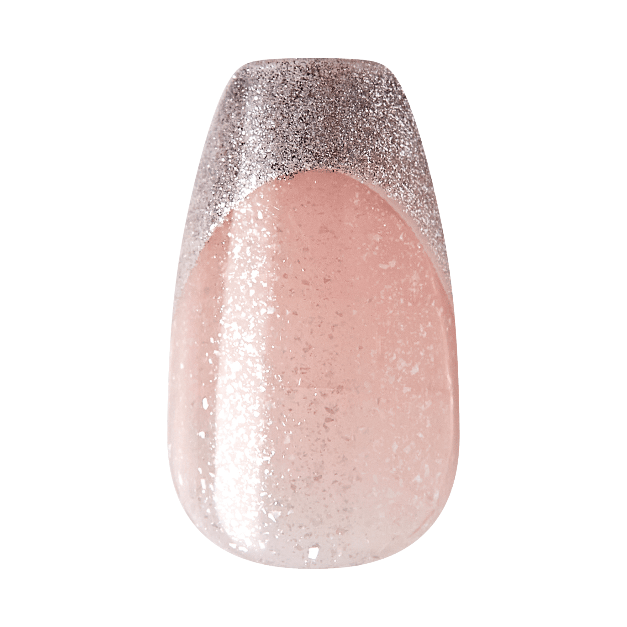 The image shows a single artificial nail with a gradient design. The base of the nail is a light pink color with a glossy finish, transitioning smoothly into a silver glittery tip. The glitter is densely packed at the tip and gradually becomes sparser as it moves towards the middle of the nail, creating a sparkling ombre effect. The overall look is elegant and stylish, suitable for various occasions.