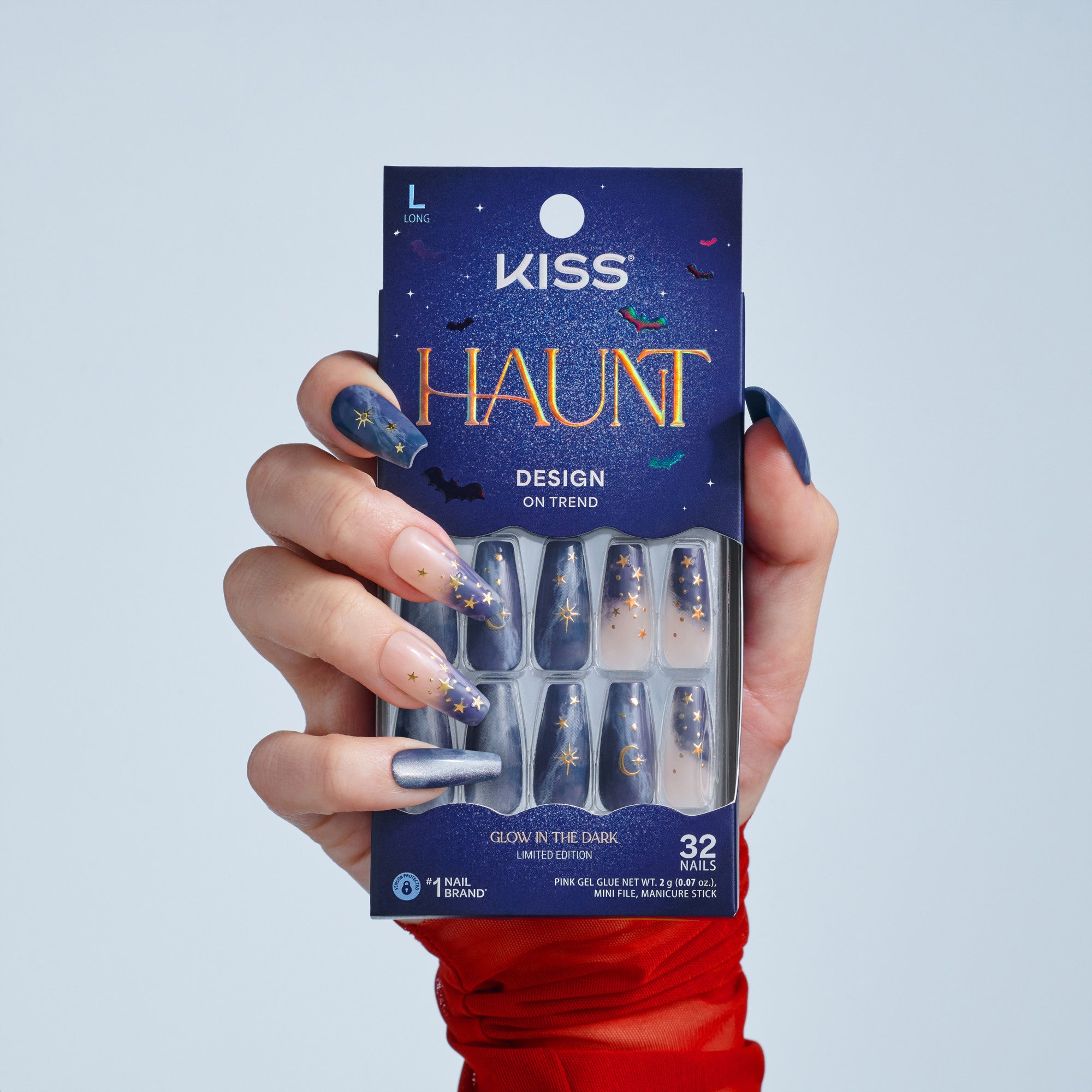 Kiss Haunt Halloween Press On Fake Glue Nails - Spooky Tips | Design, Blue, Long, Coffin, Glow In The Dark