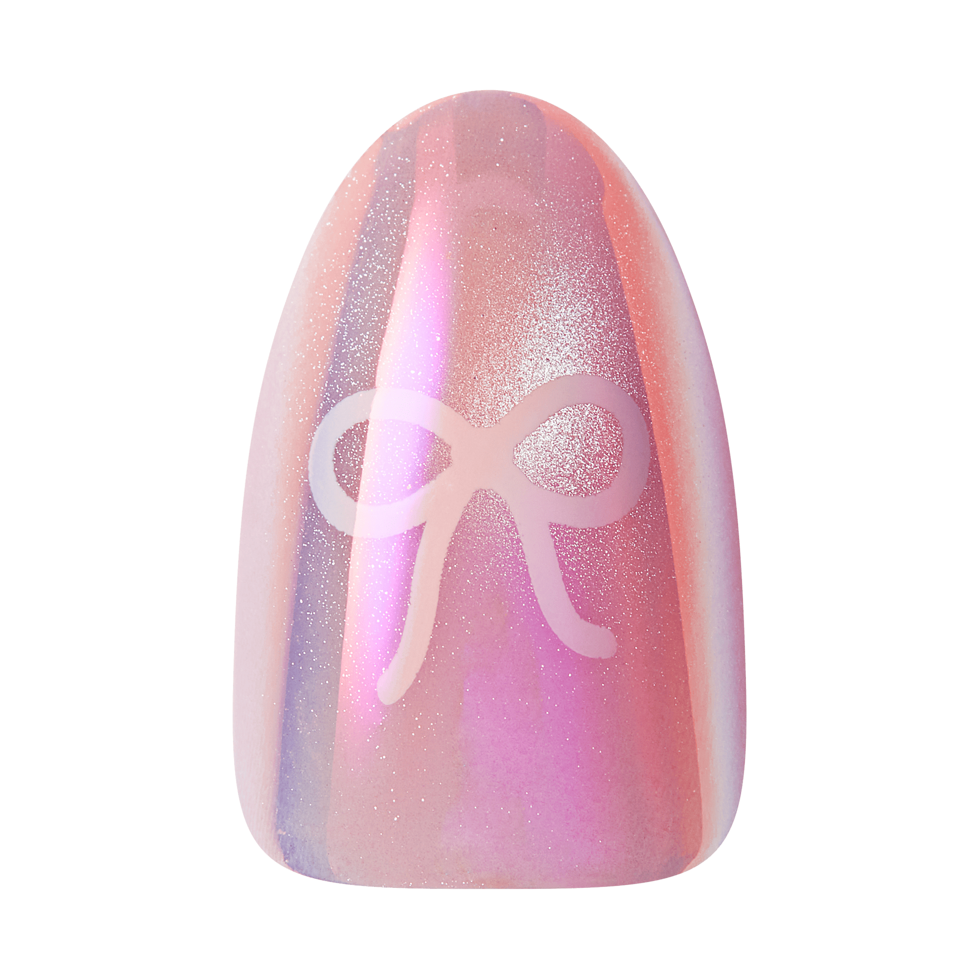 Pink glittery nail with white bow design and holographic shimmer effect