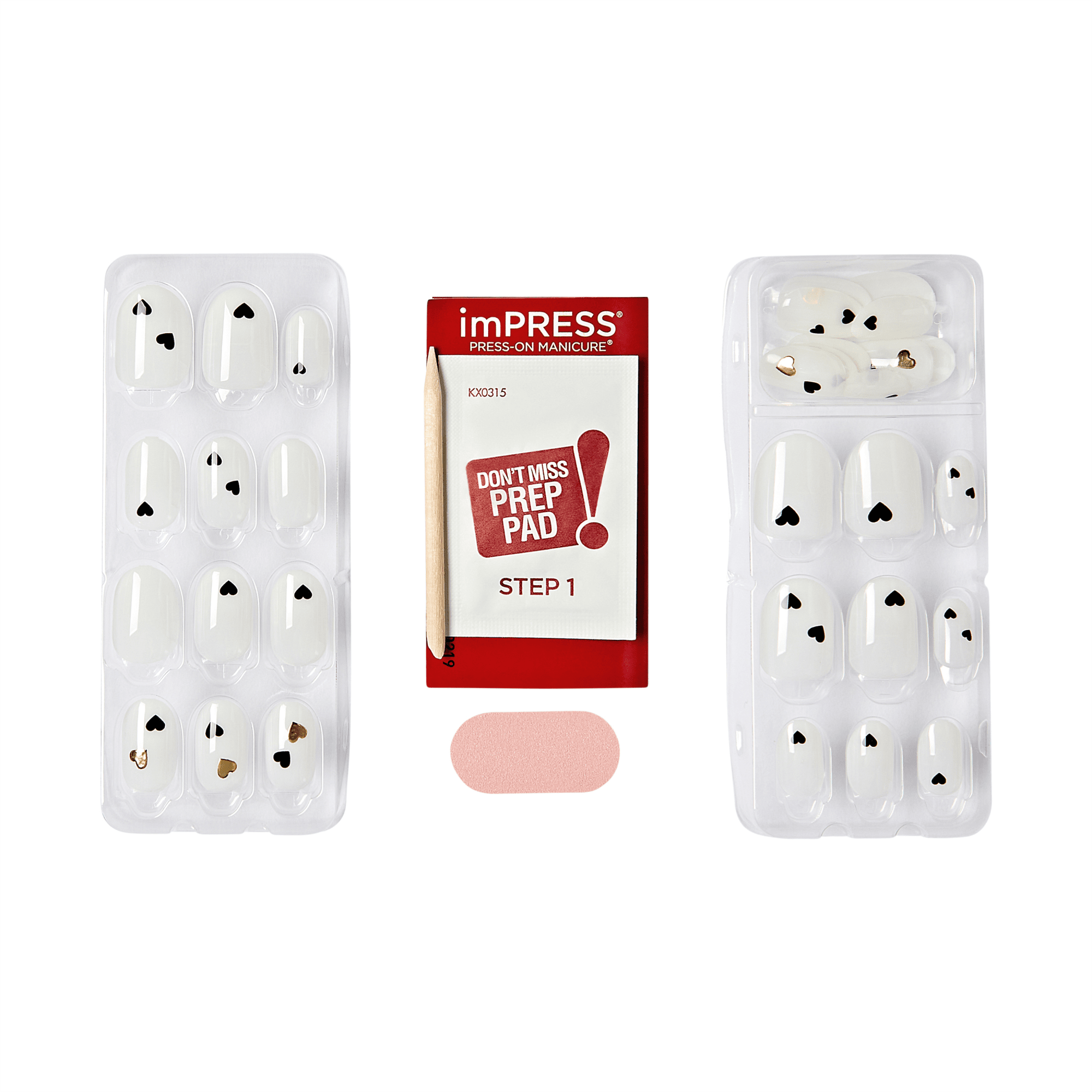The image features a set of press-on nails from the brand imPRESS. The nails are displayed in a clear plastic case, showcasing a variety of designs. Most of the nails are white with small black hearts, while some have gold accents. In the center of the image, there is a prep pad labeled "DON&
