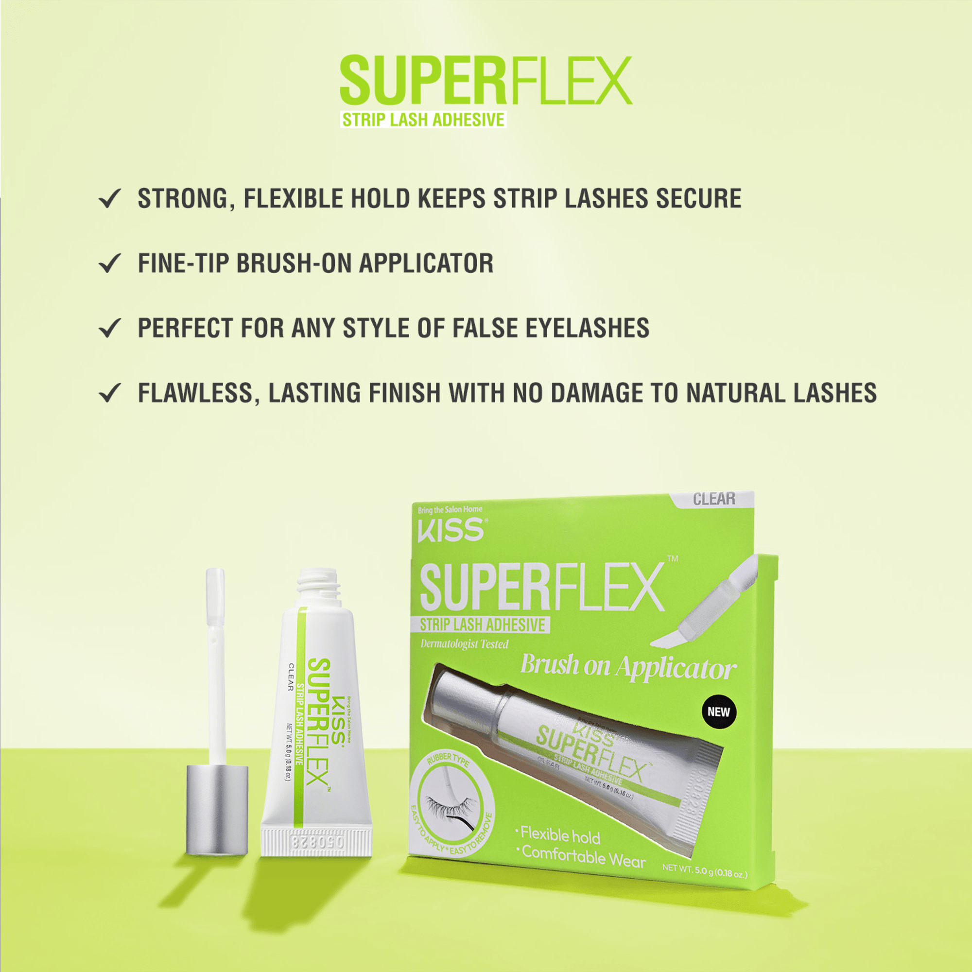 Kiss Superflex Strip Lash Adhesive with brush applicator and product features on lime green background.