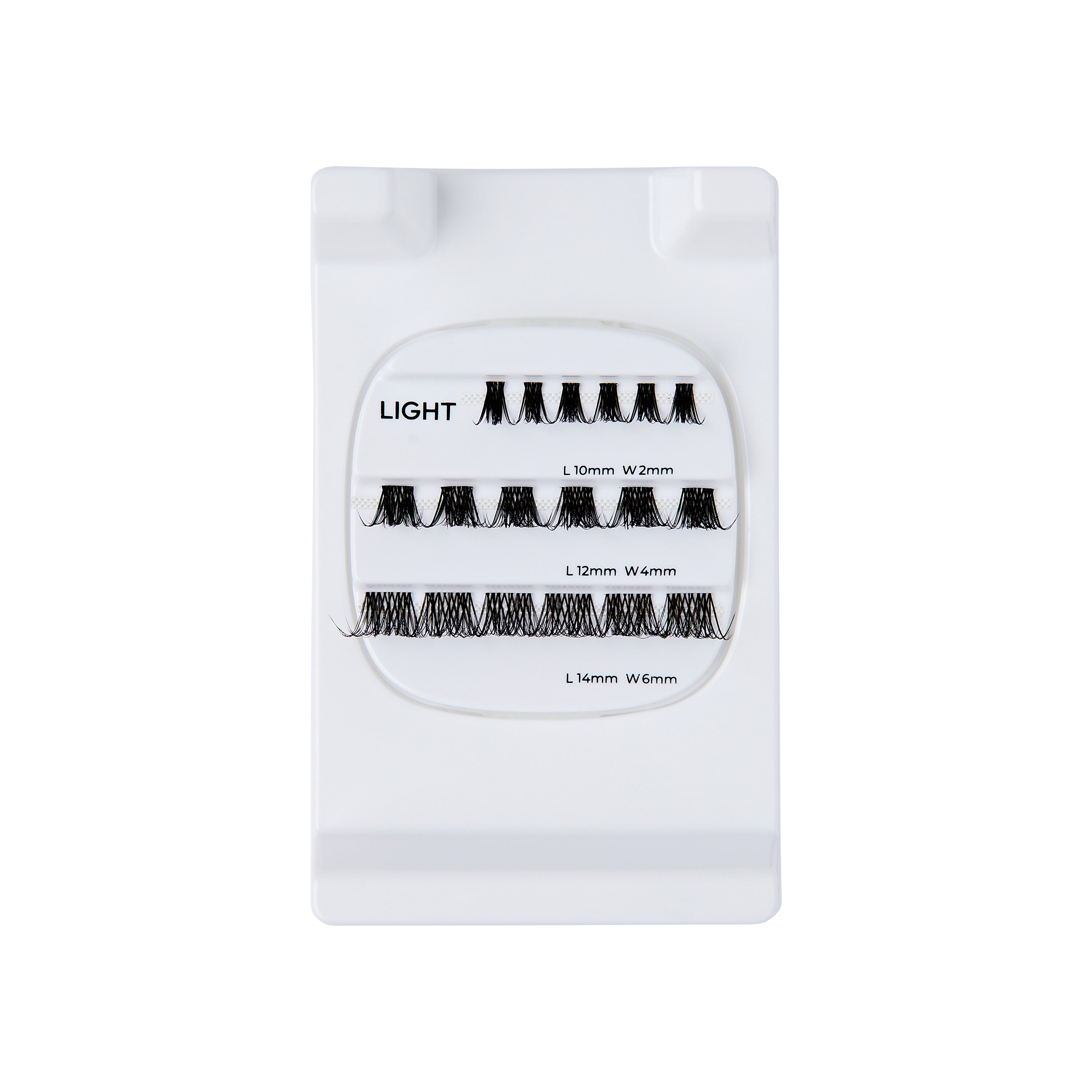 The image features a white lash tray displaying various lengths and widths of false eyelashes. The tray is labeled "LIGHT" and contains multiple rows of lashes, with lengths of 10mm, 12mm, and 14mm, and widths of 0.10mm, 0.15mm, and 0.20mm. The lashes are arranged neatly, showcasing their varying styles and sizes, suitable for different looks and preferences in eyelash extensions.
