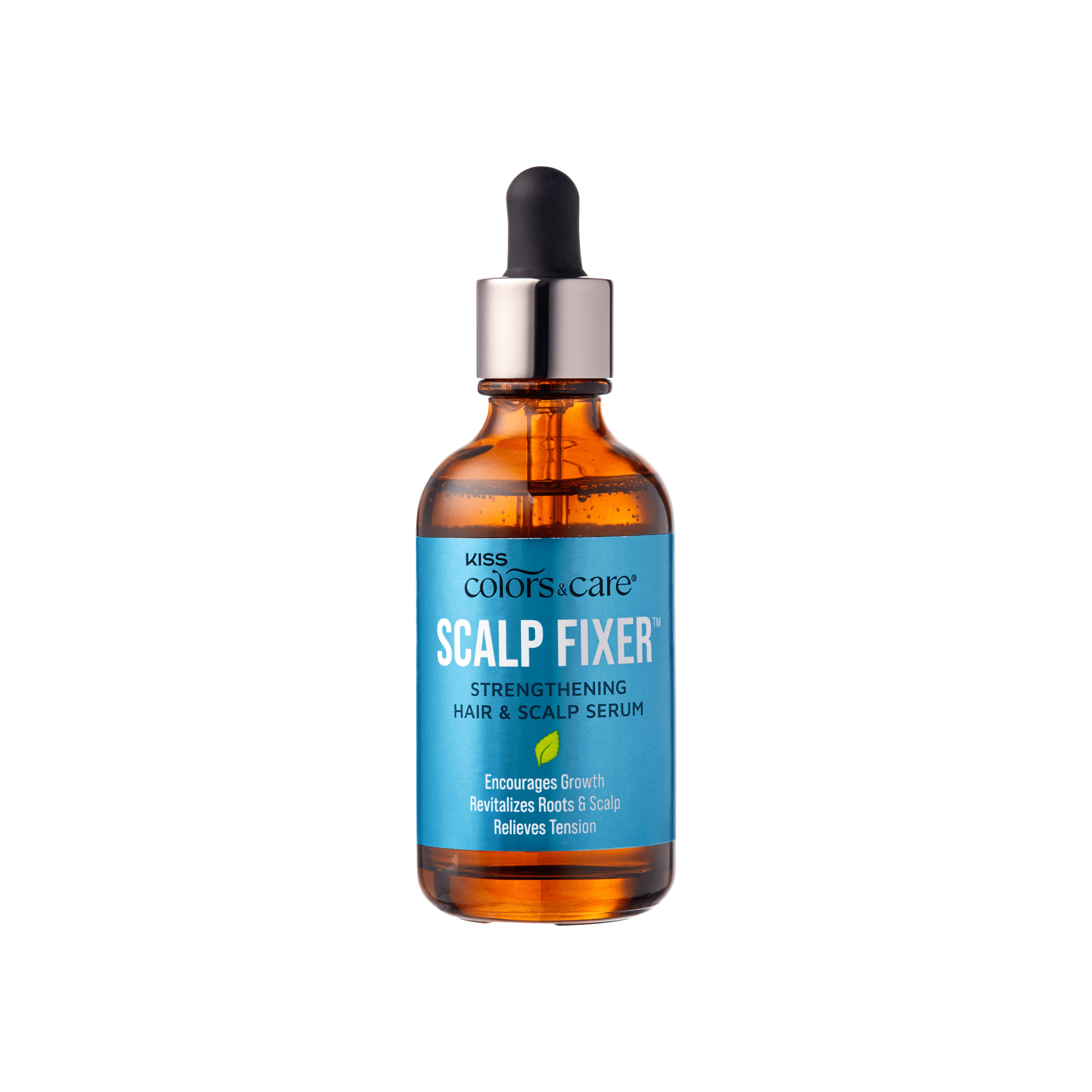 Amber dropper bottle with a blue label reading "Scalp Fixer Strengthening Hair & Scalp Serum," claims to encourage growth, revitalize roots, and relieve tension.