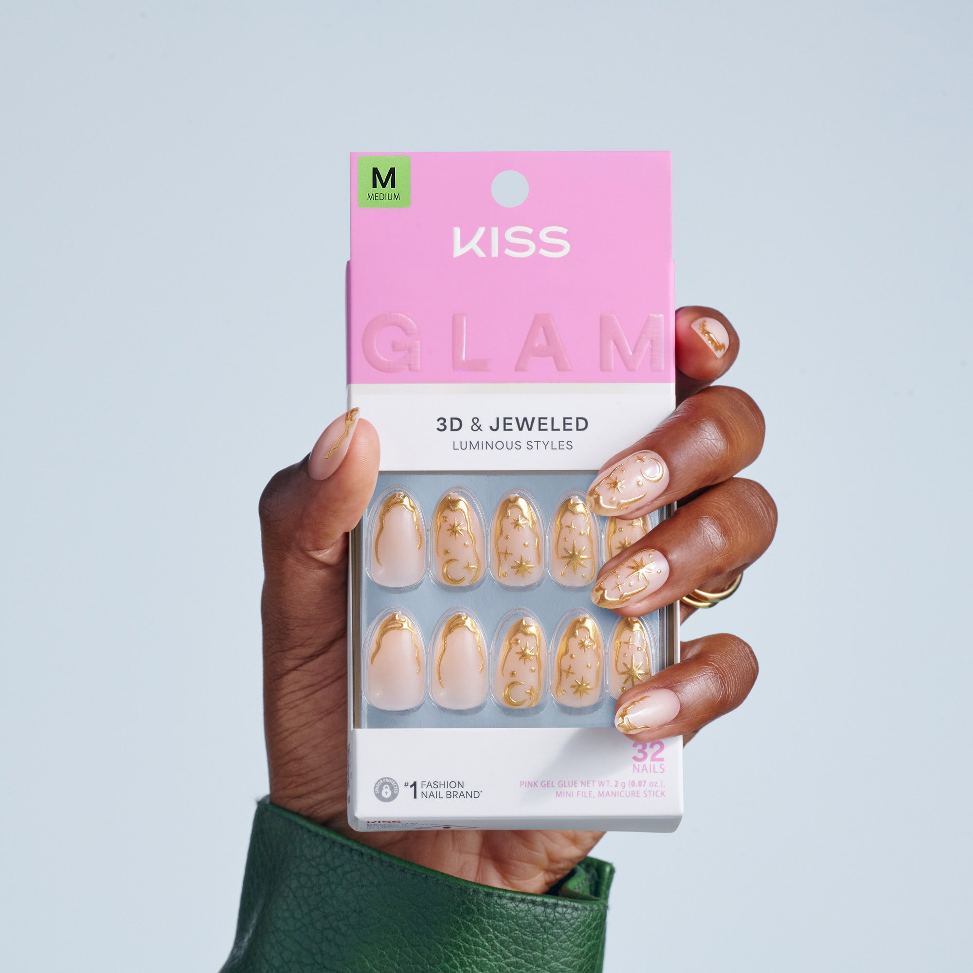 Kiss Glam 3D & Jeweled Press On Fake Glue Nails - Golden | 3D & Jewel Design, Gold, Medium, Almond