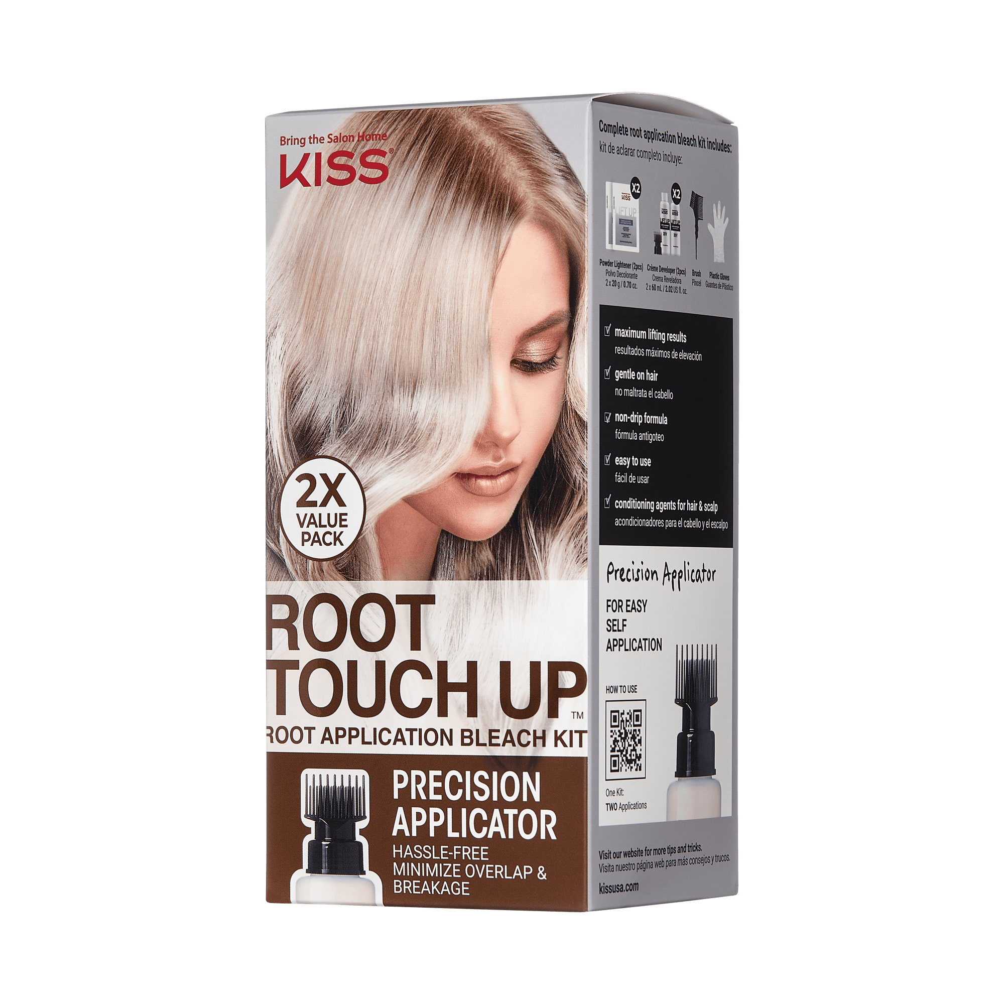 KISS Root Touch Up Bleach Application Kit packaging shows a blonde woman’s hair, a precision applicator image, and states “2X value pack” with claims of hassle-free, easy self-application and conditioning agents for hair and scalp.