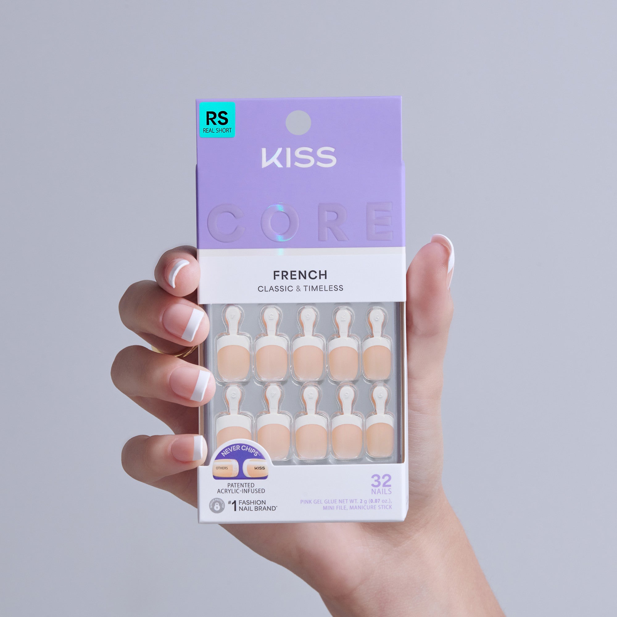 KISS Core French Classic & Timeless fake nails in packaging held in hand