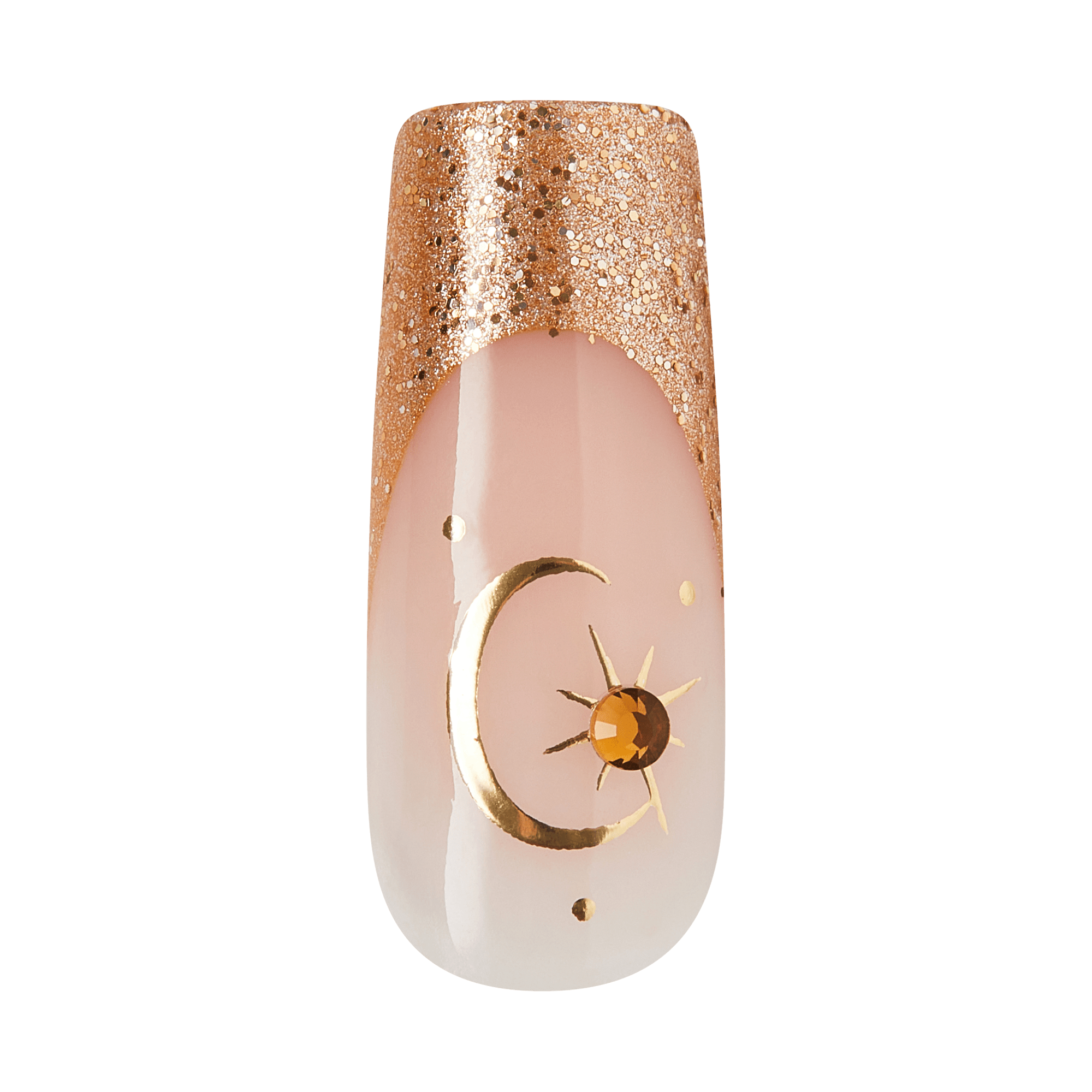 The image features a stylish nail design with a glossy nude base. The tip of the nail is adorned with a sparkling rose gold glitter, creating a gradient effect. A delicate gold crescent moon and a sun motif are elegantly placed on the nail, complemented by a small gem that adds a touch of shine. This design combines elements of celestial themes with a chic and modern aesthetic.