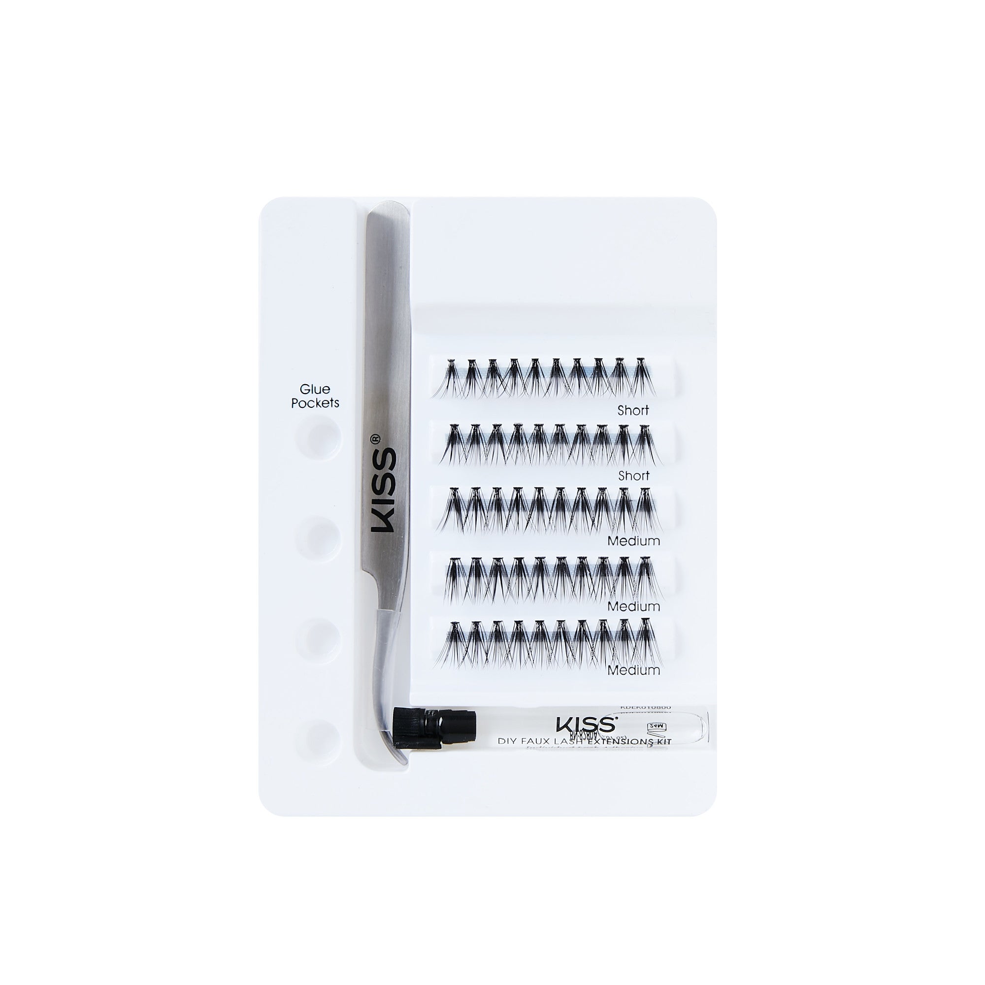 Lash Couture DIY Faux Lash Extensions Kit with five rows of short and medium black lash clusters, stainless steel curved tweezers, and clear lash adhesive vial.