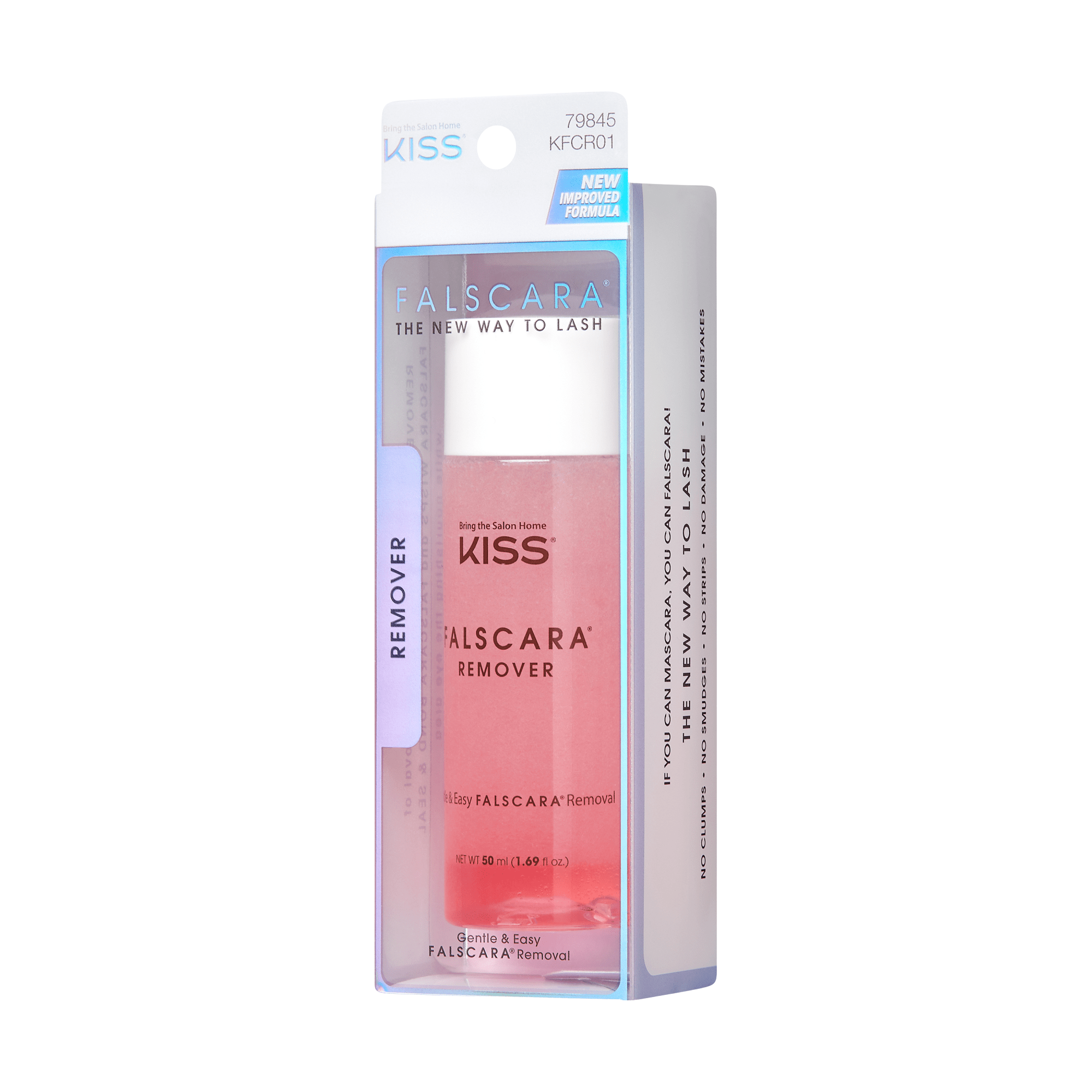 KISS FALSCARA Remover in clear plastic box, pink liquid bottle with white cap, labeled for gentle and easy FALSCARA eyelash removal. New improved formula.