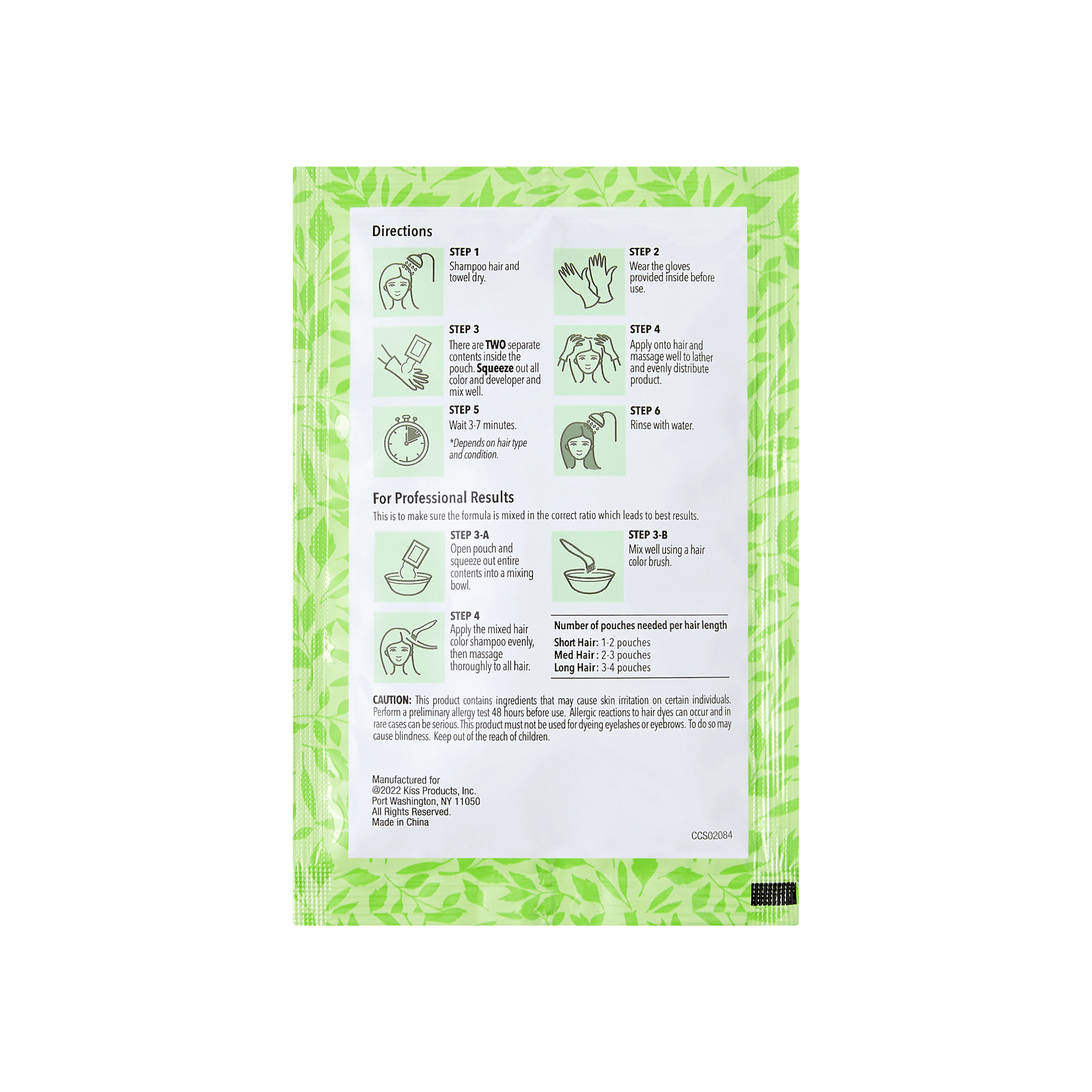Green leafy-patterned pouch back of KISS Color Change Permanent Shampoo Dye with step-by-step hair dye directions and professional usage tips.