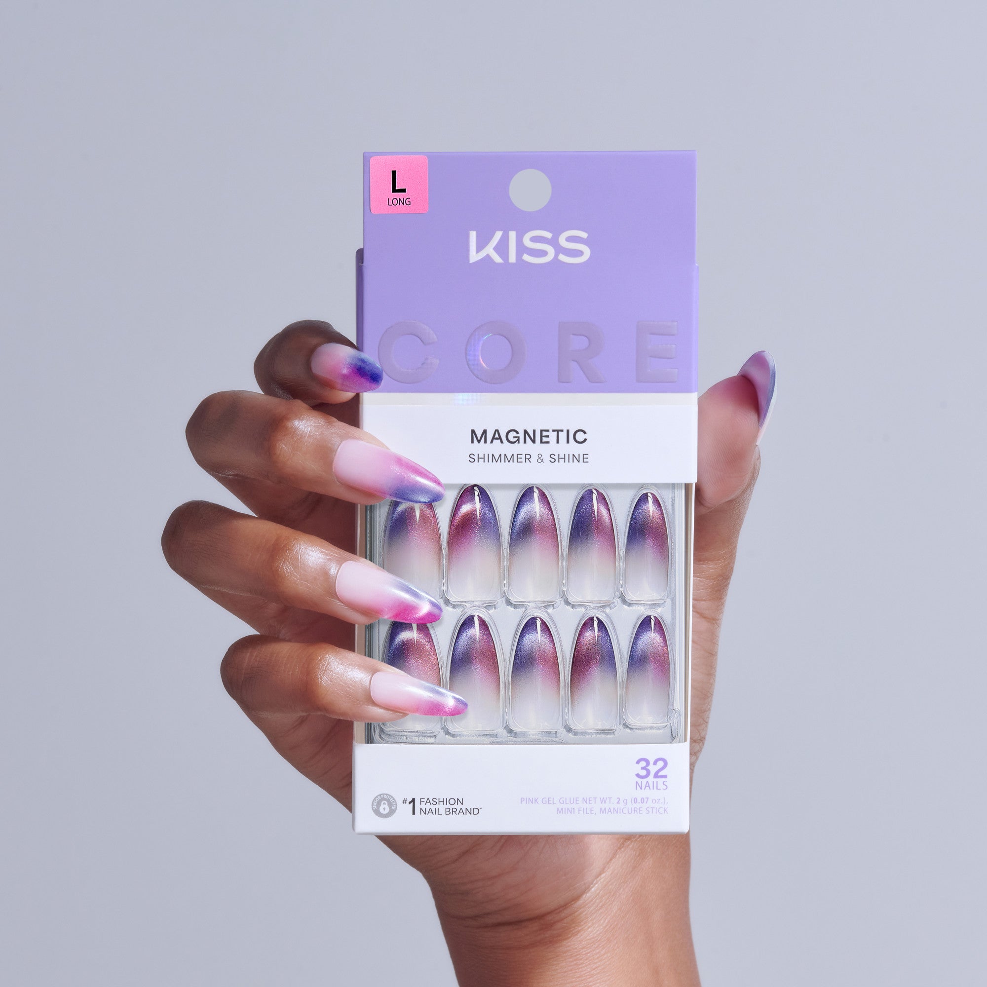 KISS Core Magnetic press nails in purple ombre with shimmer finish, size long, 32 nails.