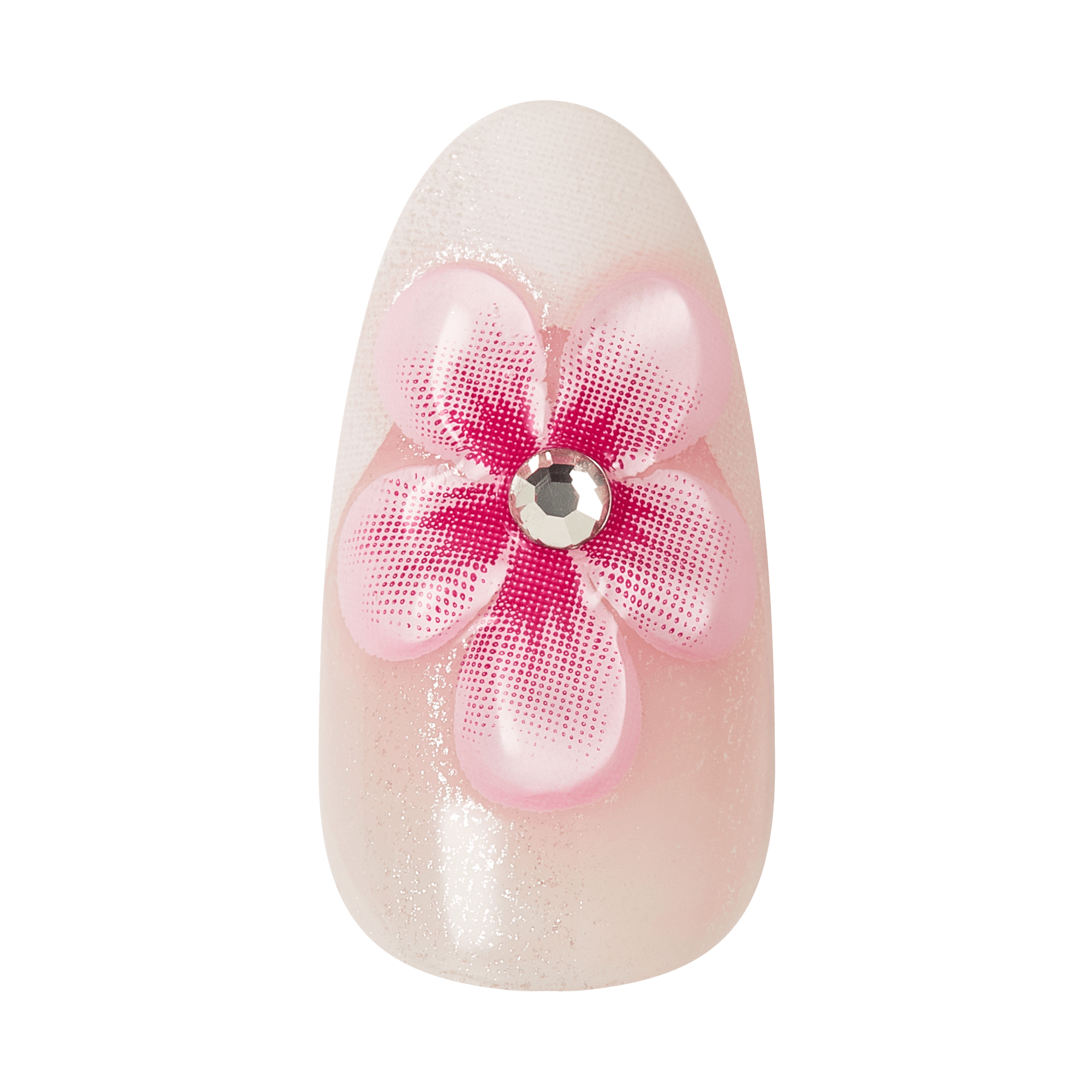 Pink rhinestone flower nail art on almond-shaped nail with glitter base
