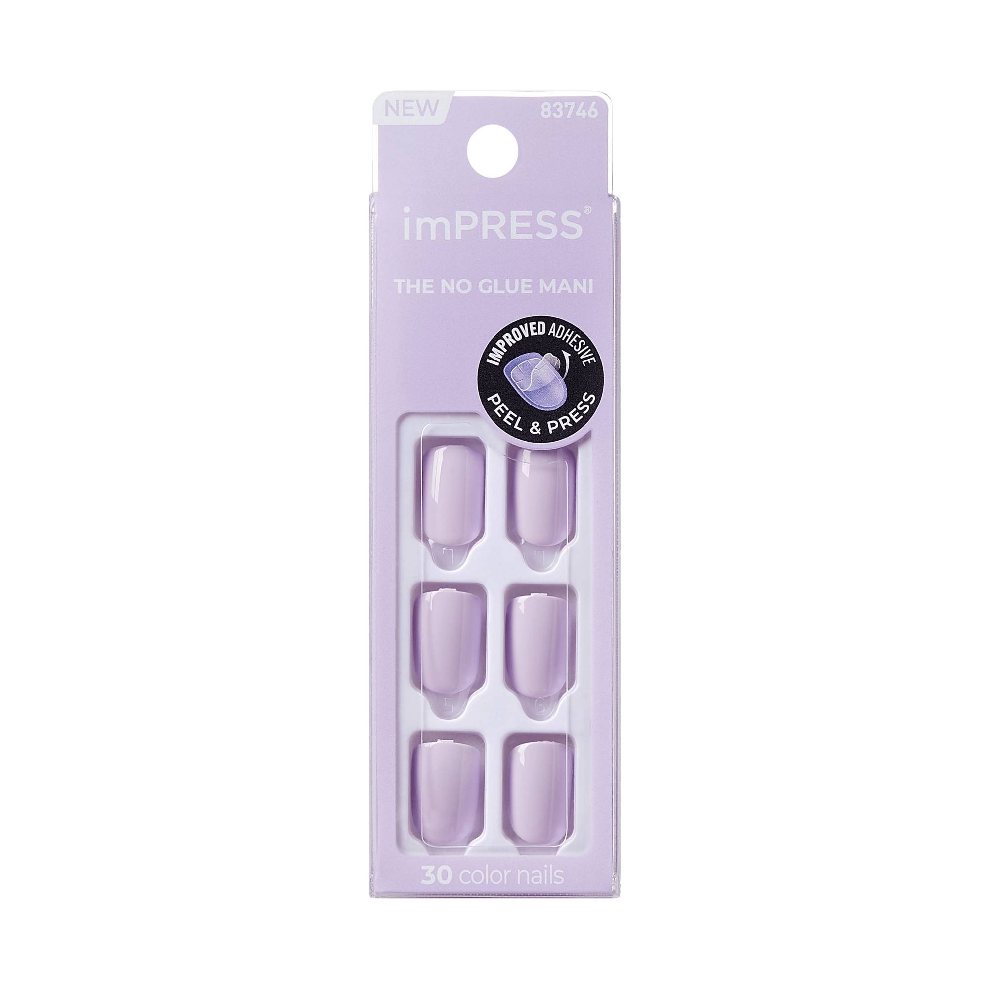imPRESS press-on nails in light purple shade, packaged in a lavender box with \
