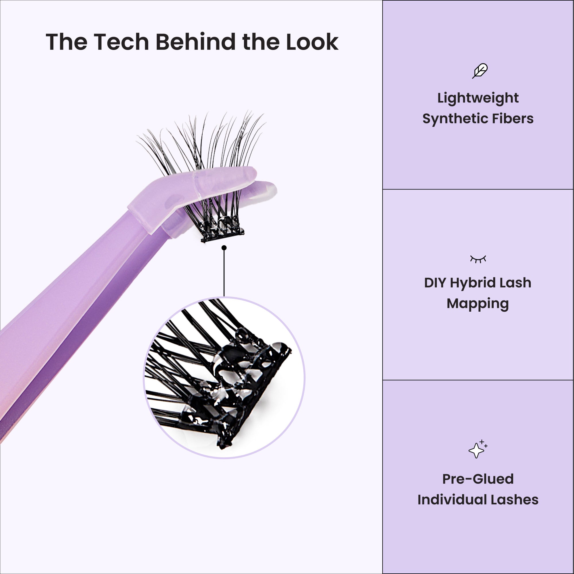 Synthetic hybrid false eyelashes with lightweight fibers, DIY mapping, and pre-glued individual lashes.