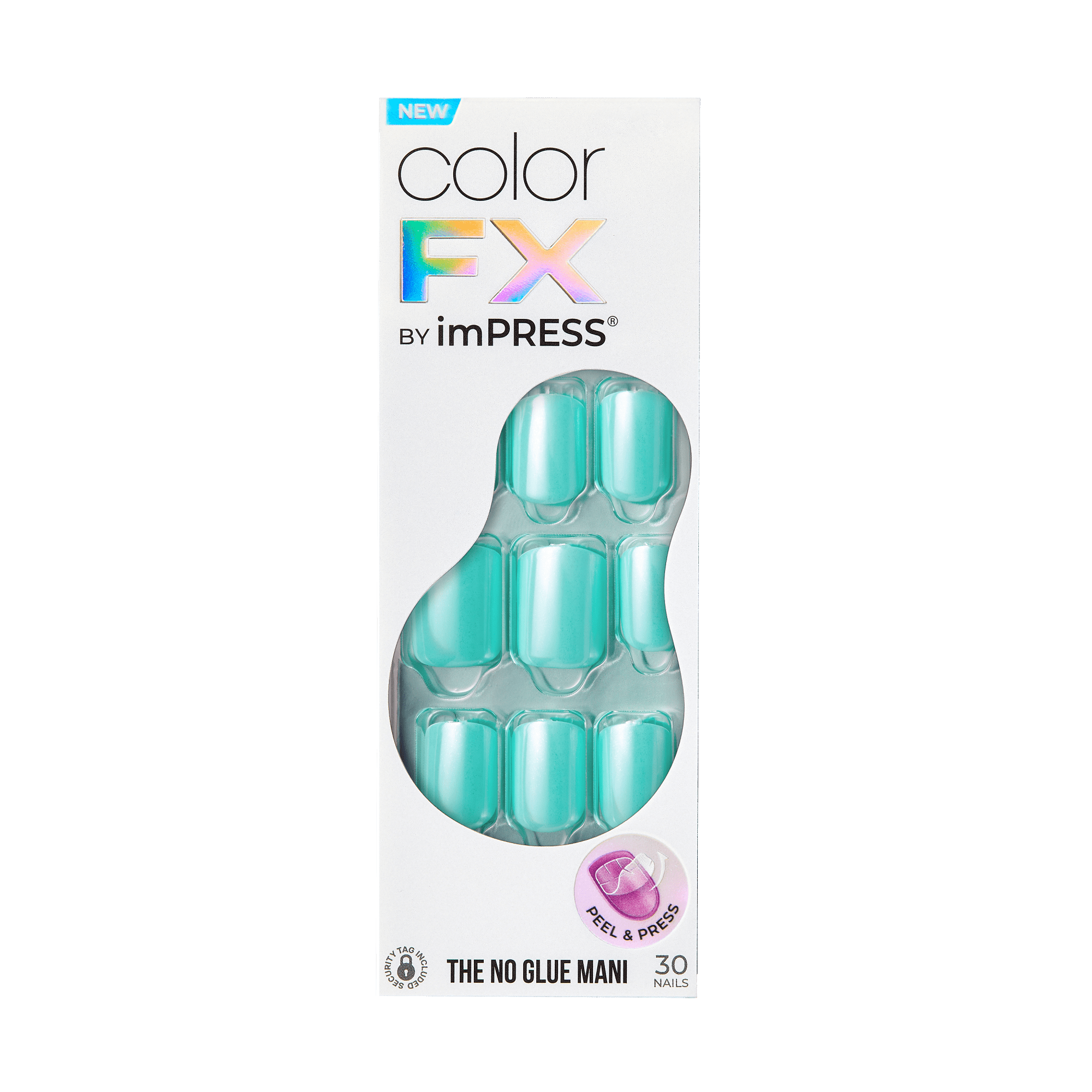 The image shows a product package for "Color FX by imPRESS." The package contains 30 artificial nails in a teal color. The packaging highlights that these are "The No Glue Mani" nails, indicating that no glue is required for application. The nails are arranged in a clear plastic window in the shape of a bean, allowing the teal nails to be visible. There is also a small circular label on the bottom right corner that says "Peel & Press." The top left corner of the package has a "NEW" label.
