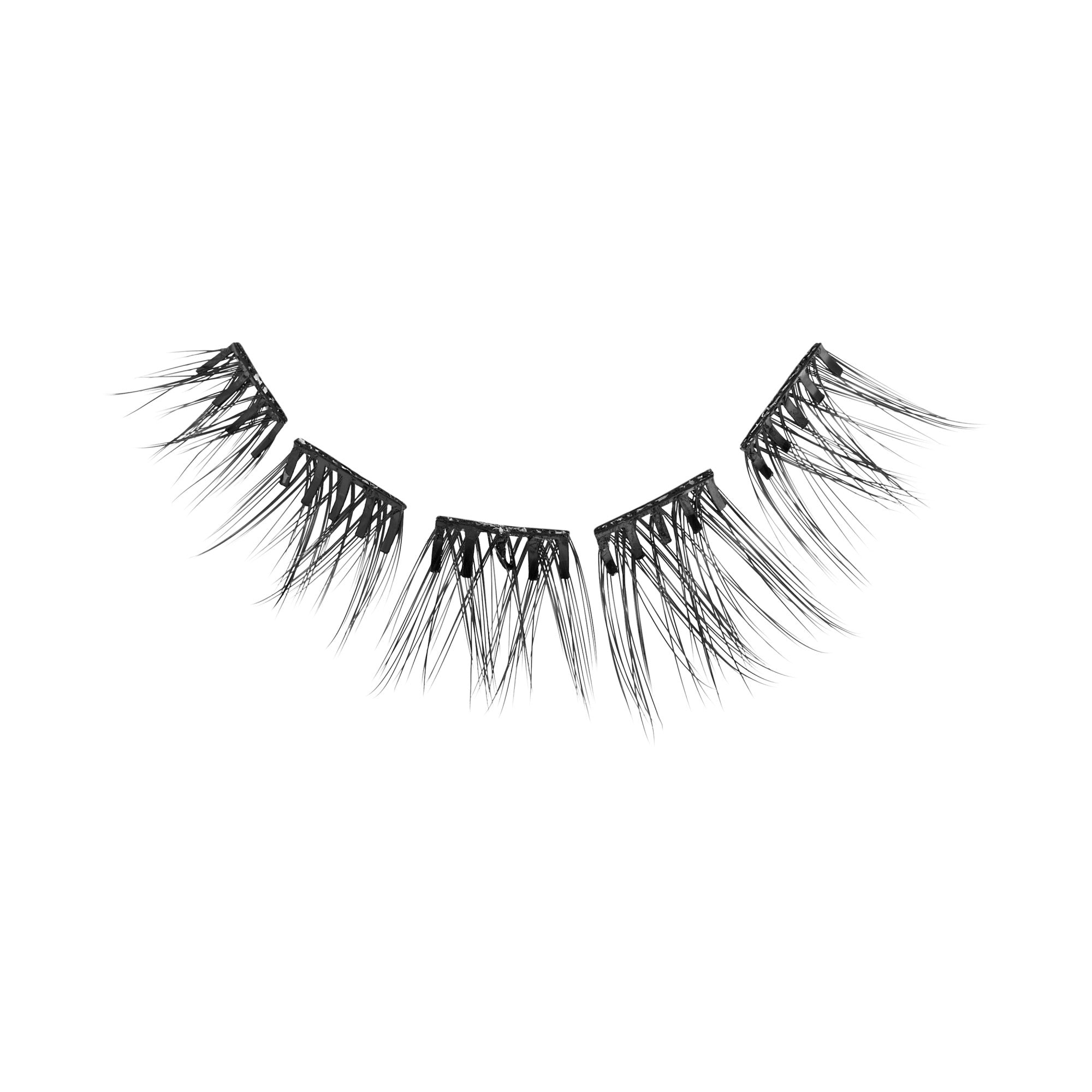 Black false eyelashes with layered, wispy lashes on white background.