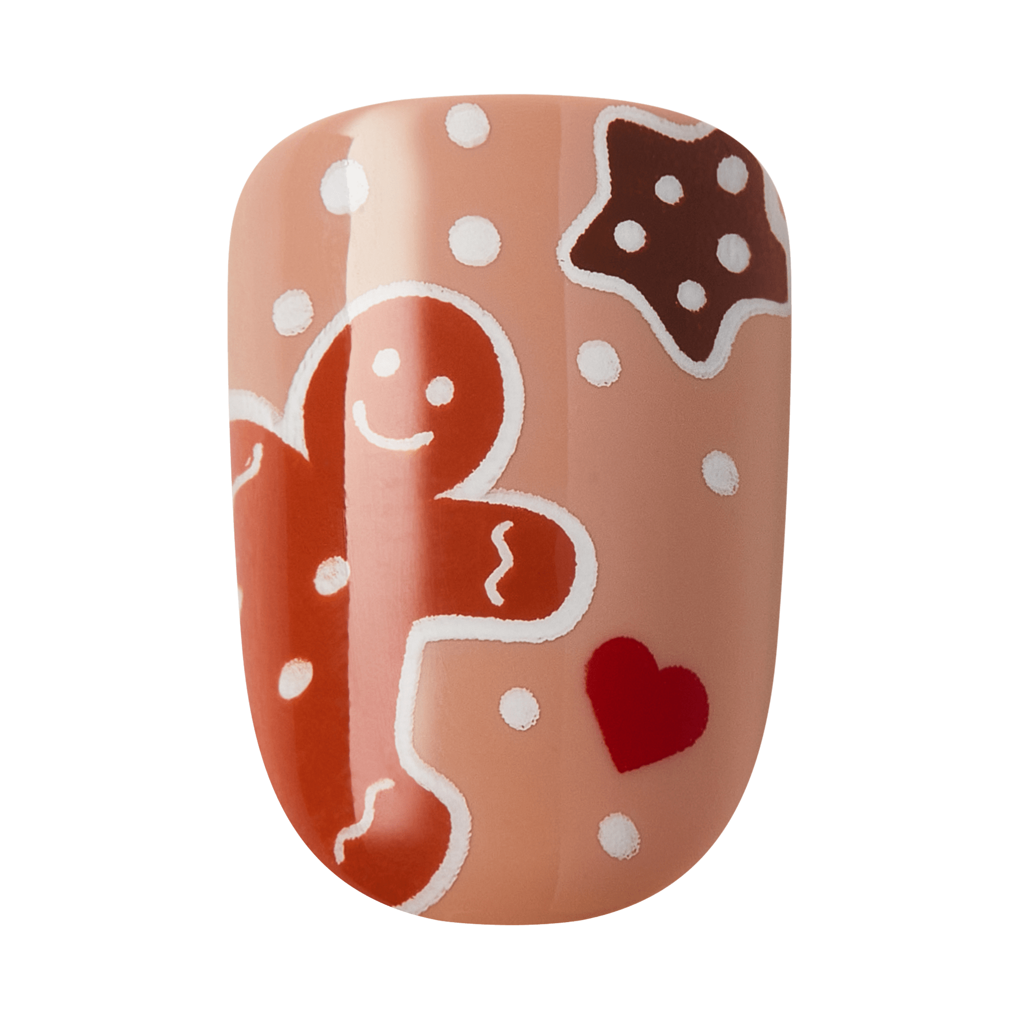 Festive nail art with gingerbread man, cookie, heart designs in red and brown on nude base.