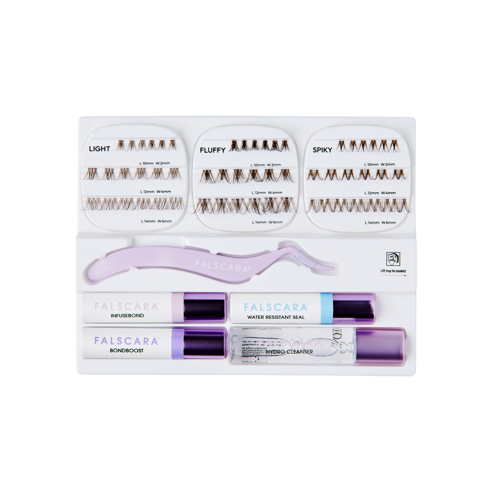 The image features a Falscara eyelash extension kit. The kit includes various styles of false eyelashes categorized as "Light," "Fluffy," and "Spiky," each displayed in separate compartments. Additionally, there are two tubes labeled "Bondboost" and "Water Resistant Seal," along with a small vial of "Remover Cleaner." A pair of tweezers is also included for application. The overall design is sleek and organized, showcasing the products in a compact, user-friendly layout.