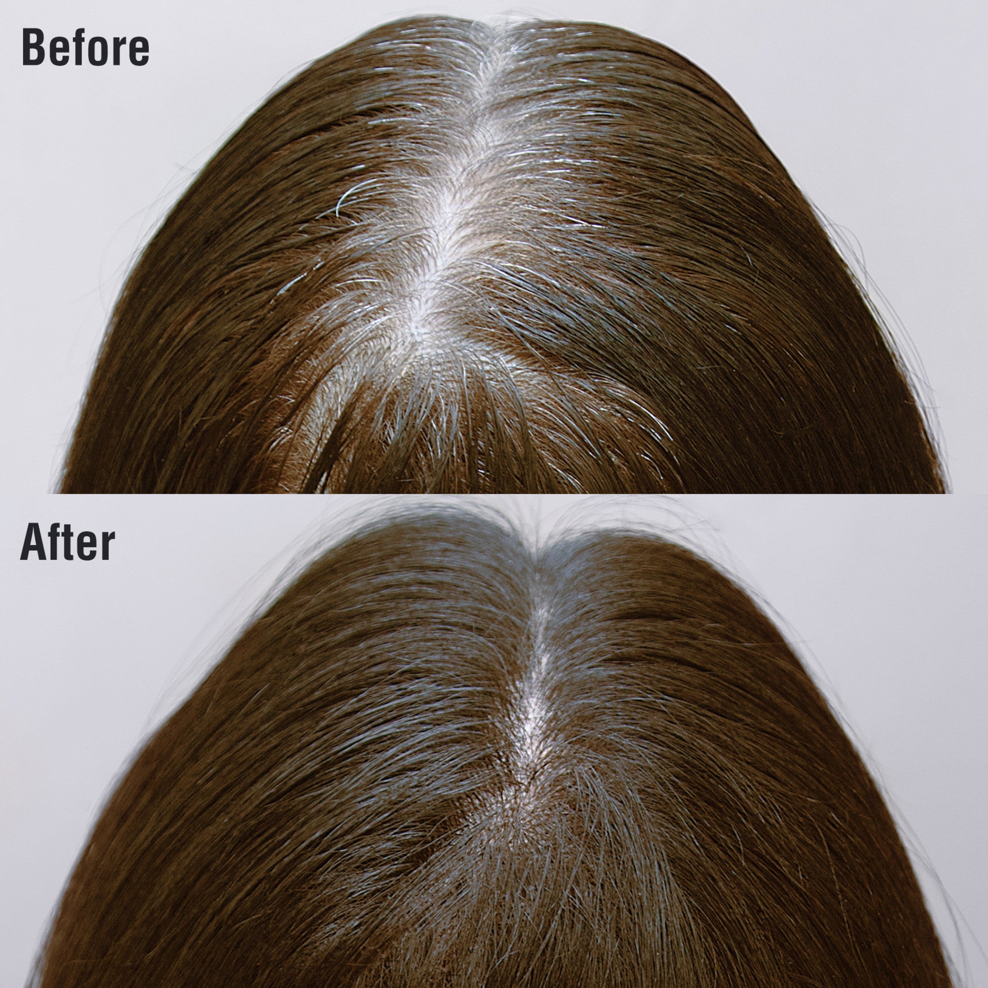 Top view of a scalp with medium brown hair showing gray roots before and after using KISS Colors & Care Tintation Spray, with gray roots visibly darkened.