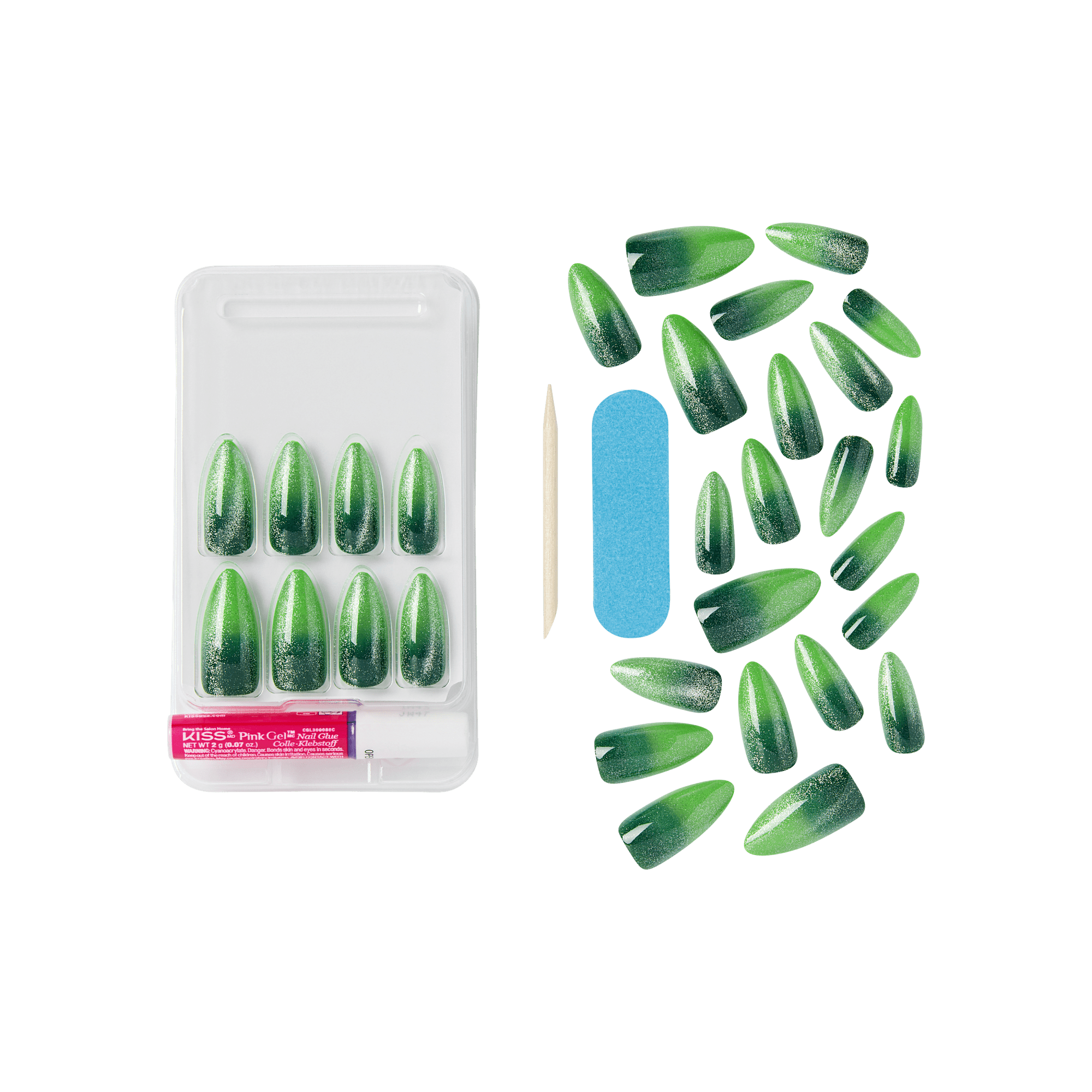The image features a set of artificial nails displayed in a clear plastic case. The nails are predominantly green with a gradient effect, transitioning from a darker shade at the base to a lighter shade at the tips. Alongside the nails, there is a wooden cuticle stick, a blue nail file, and additional loose green nails scattered around. The overall presentation suggests a manicure kit designed for easy application and stylish nail art.