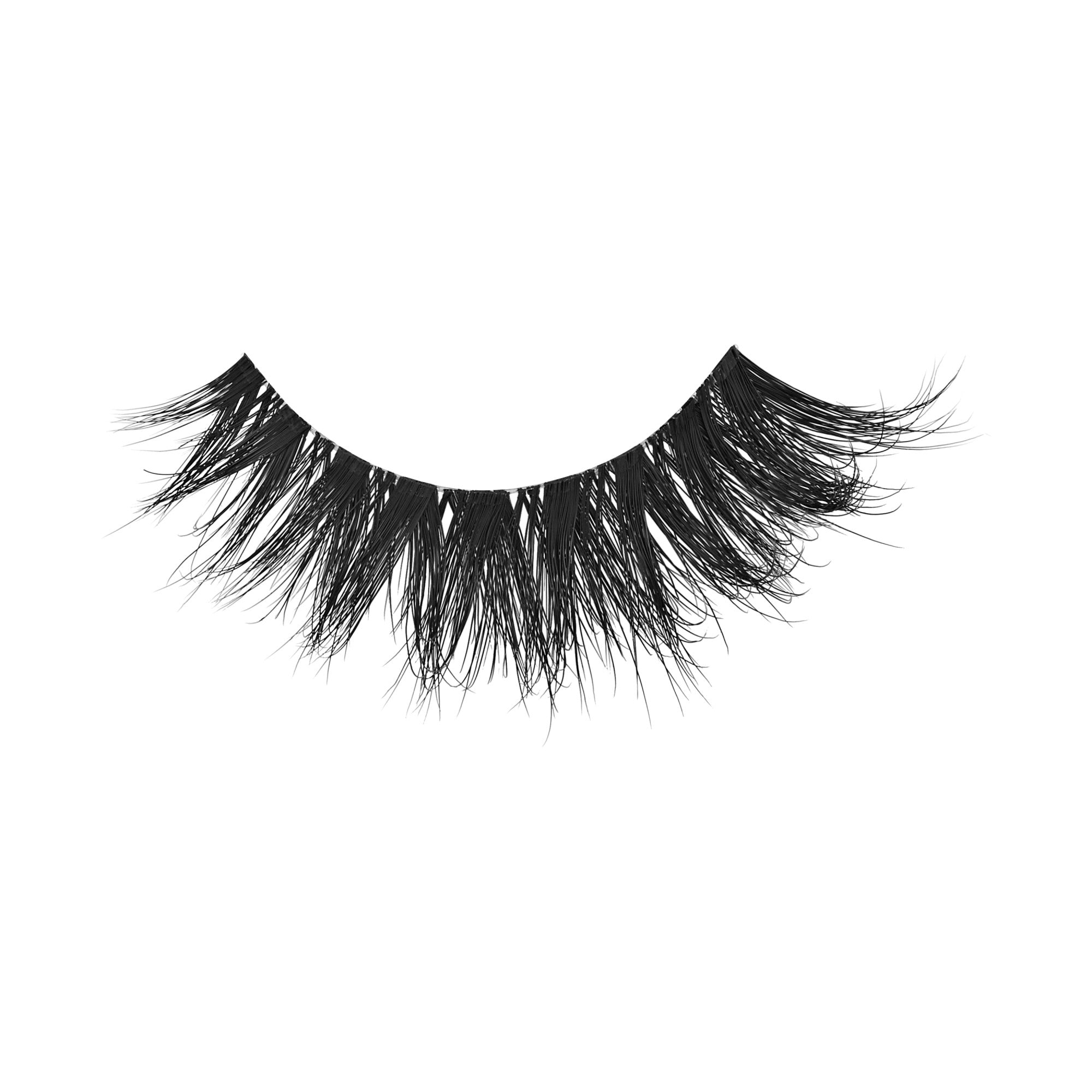 Pair of black false eyelashes with dramatic volume and length on white background.