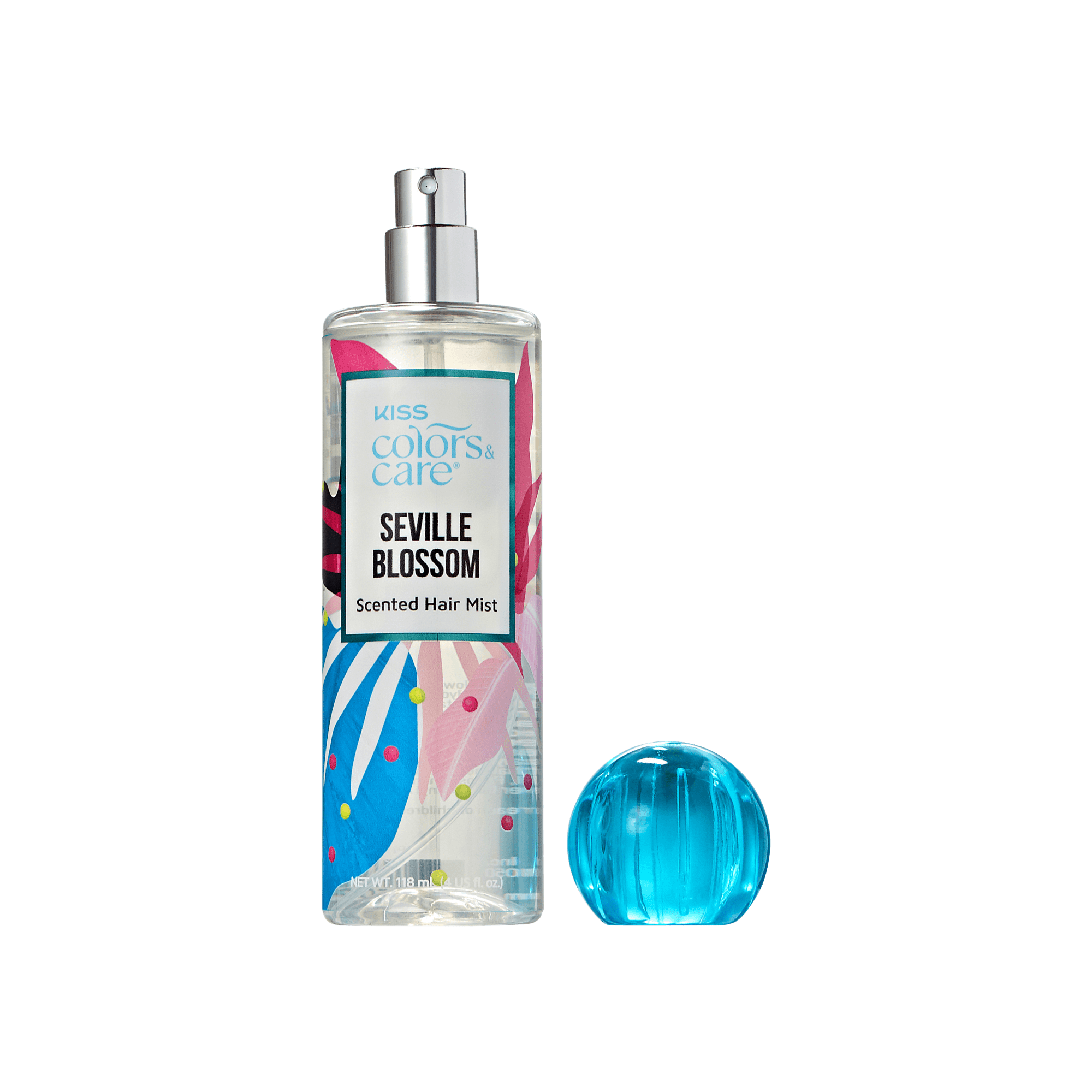 Clear spray bottle of KISS Colors & Care Seville Blossom scented hair mist with colorful floral design and a detached blue round cap.
