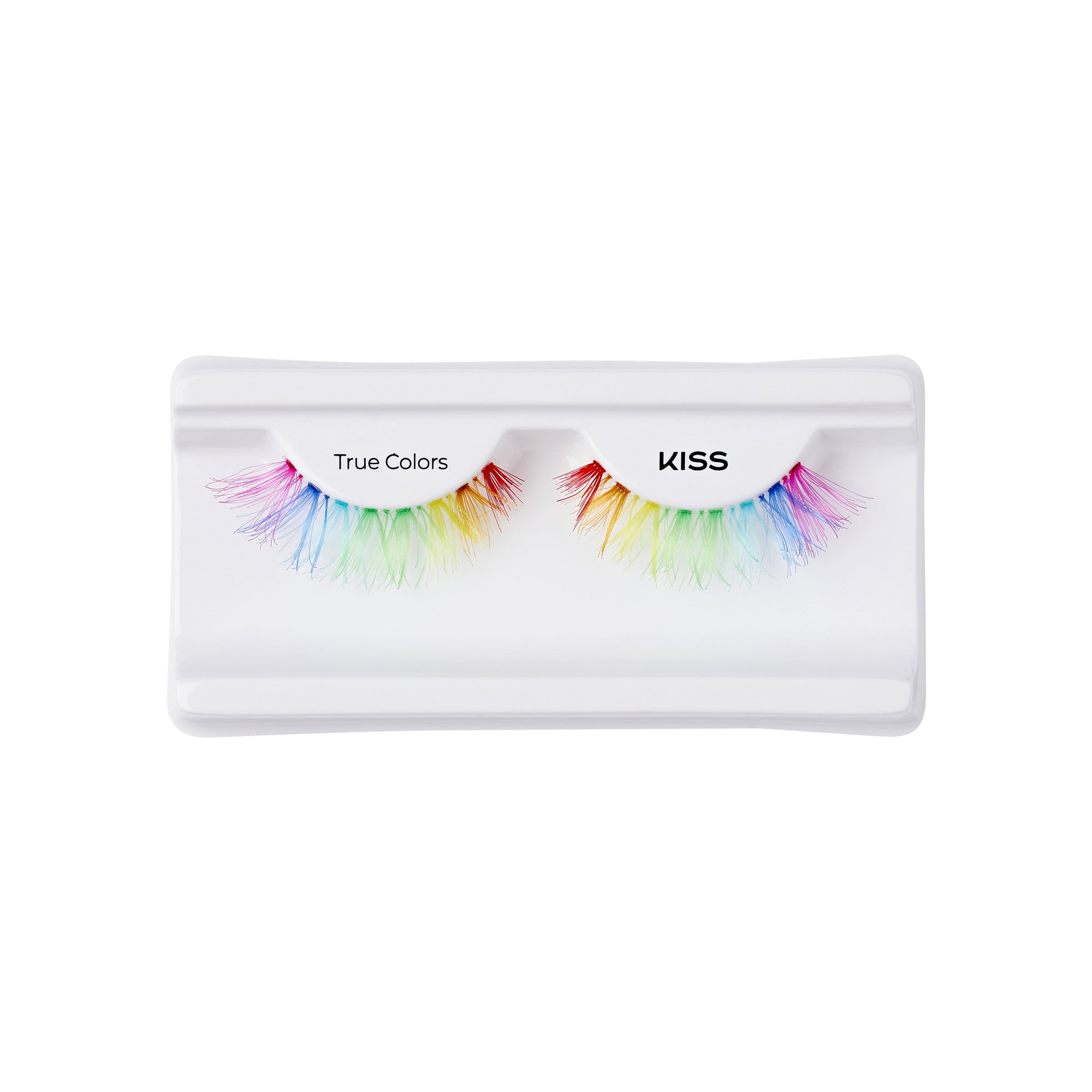The image shows a pair of false eyelashes in a white plastic case. The eyelashes are multicolored, featuring a gradient of vibrant hues including red, orange, yellow, green, blue, and purple. The packaging has the words "True Colors" on the left side and "KISS" on the right side. The overall presentation is clean and visually appealing, highlighting the colorful and playful nature of the eyelashes.