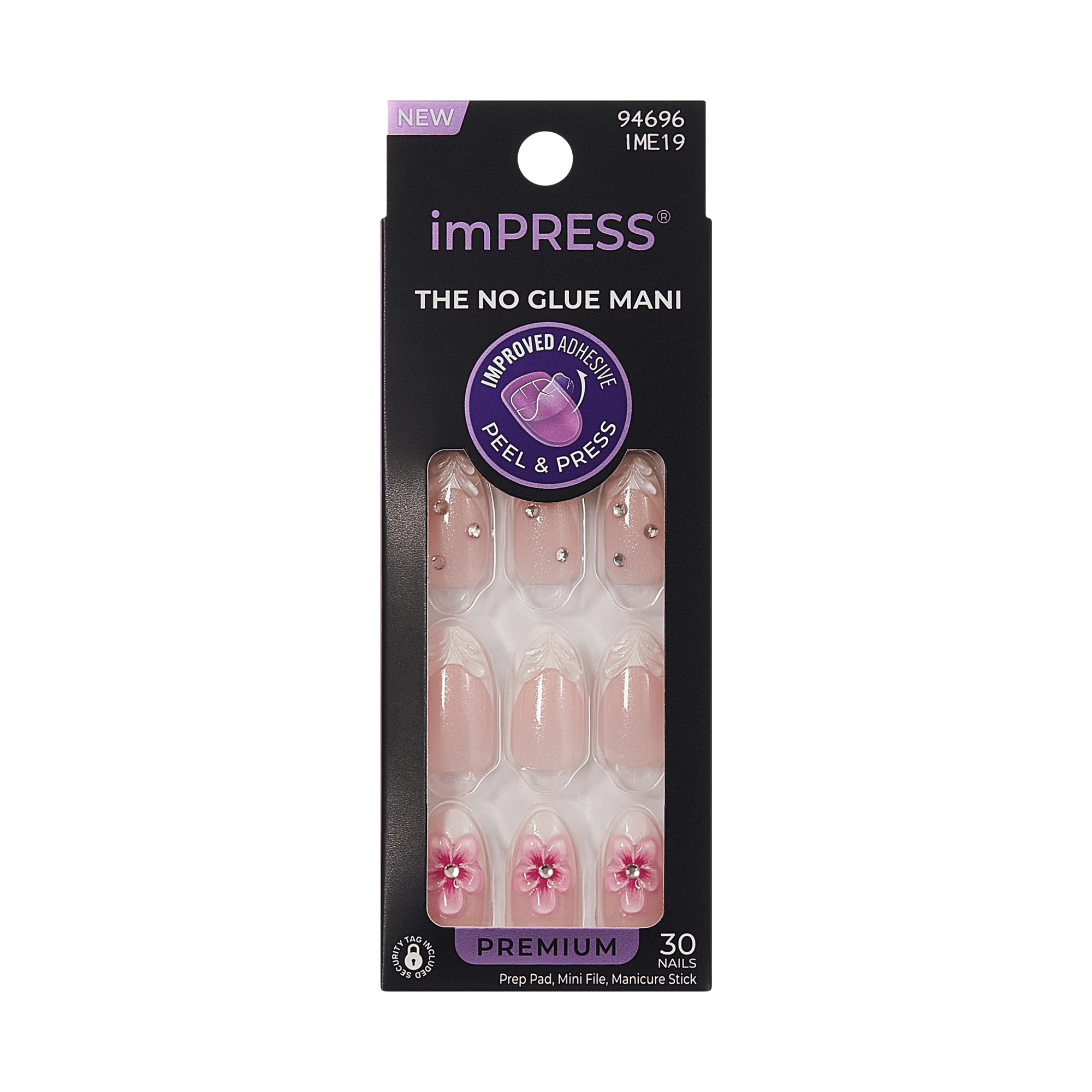 imPRESS The No Glue Mani press-on nails with pink flower design, 30 nails.