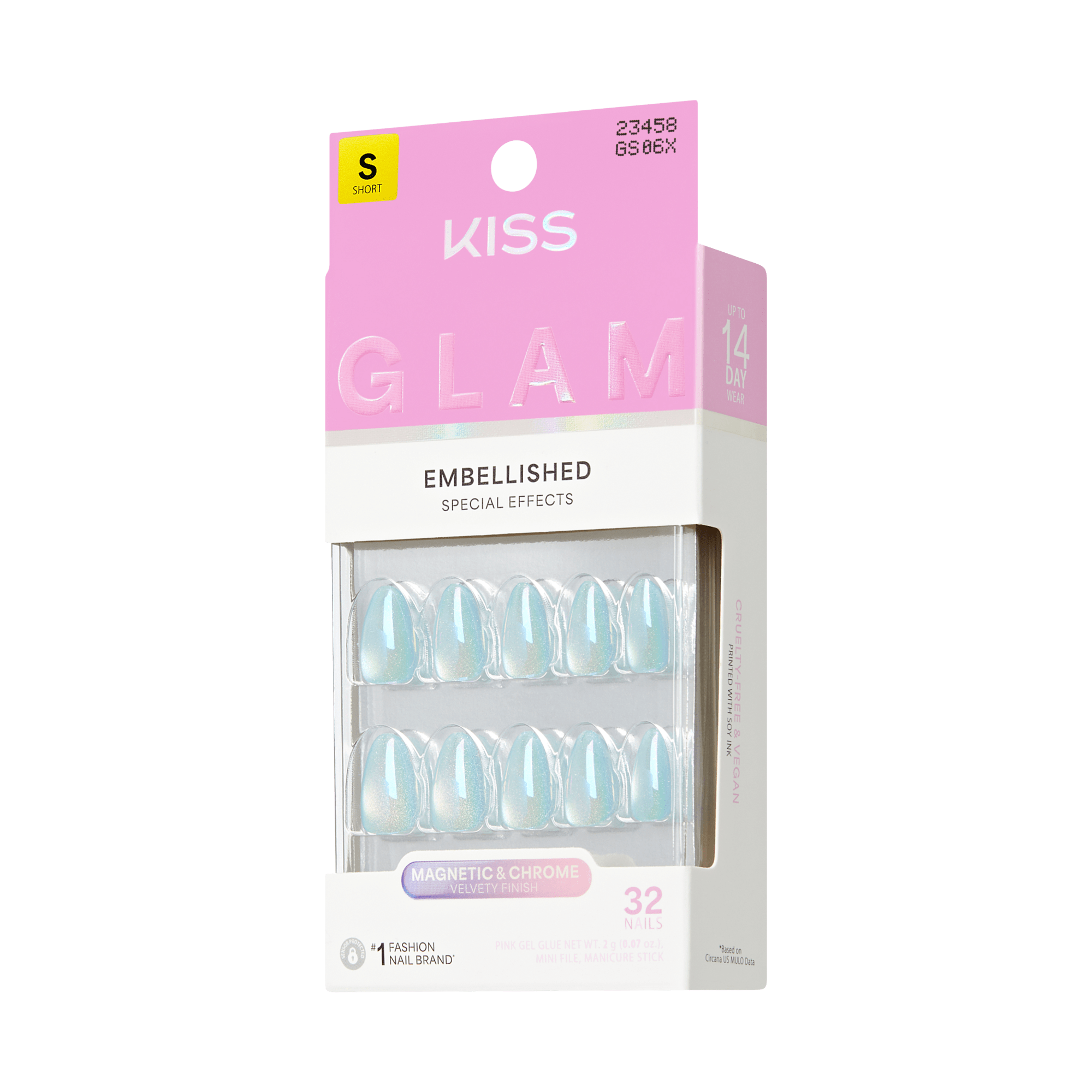 KISS Glam Embellished Short Nails, Magnetic & Chrome, 32 Count