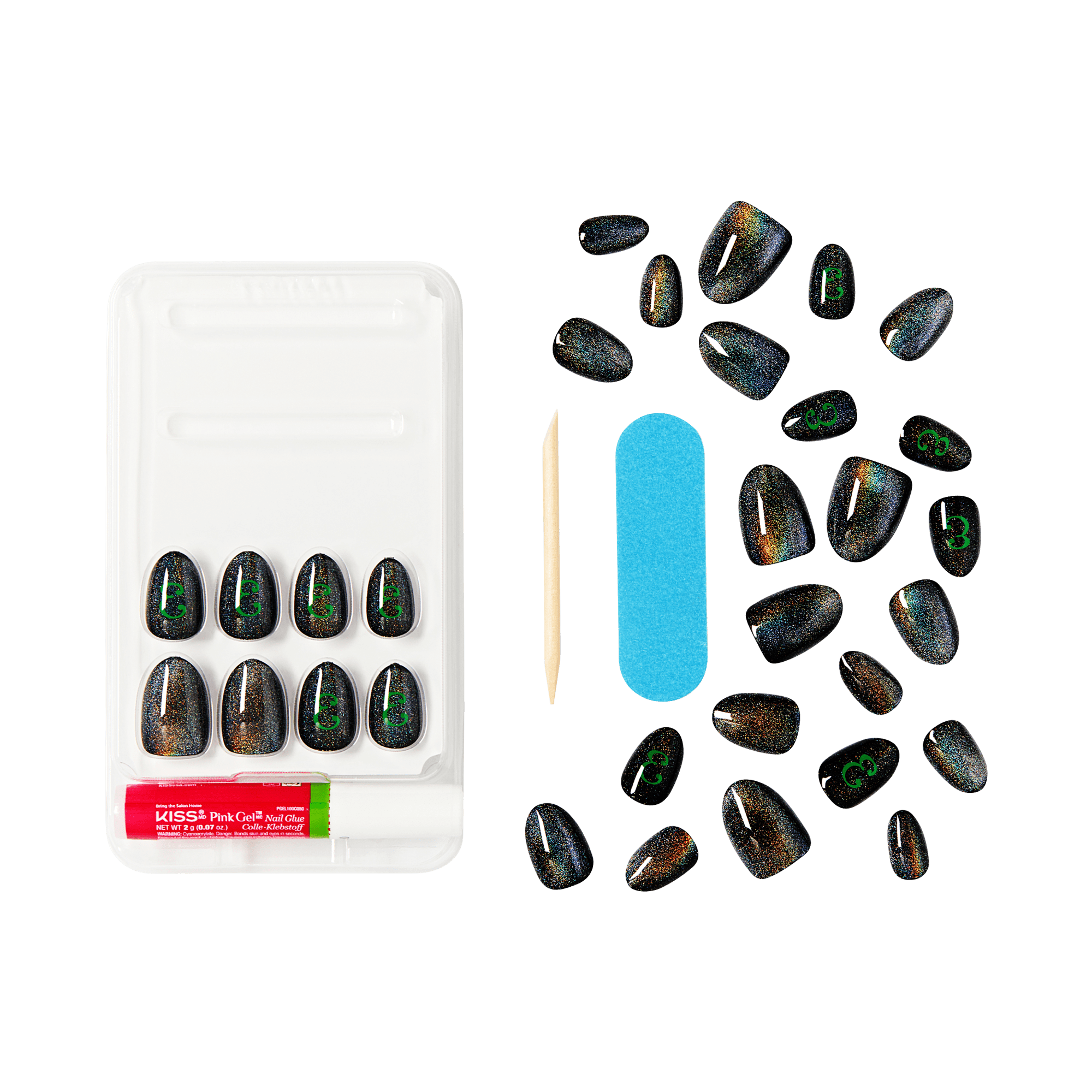 Set of glossy black cat-eye false nails with green size markings, displayed in tray with pink nail glue, wooden cuticle stick, and blue nail file.