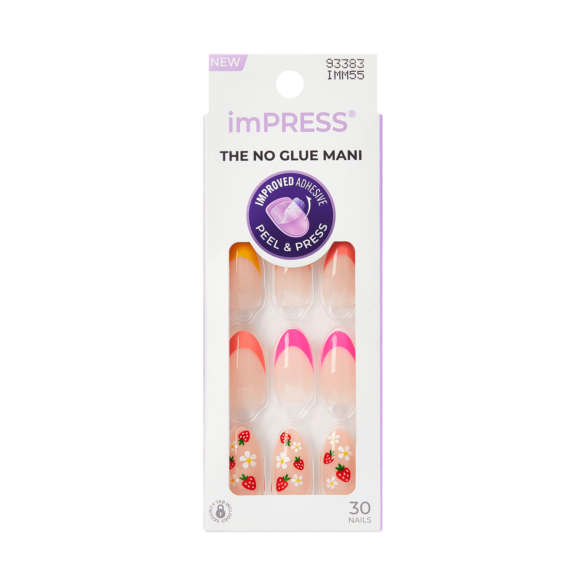 The image features a packaging for imPRESS press-on nails. The design showcases a set of 30 nails in various sizes, featuring a clear base with a gradient pink tip and decorative strawberry patterns. The packaging is labeled "NEW" and highlights "THE NO GLUE MANI" with a note about improved adhesive. The overall aesthetic is colorful and playful, appealing to those looking for easy and stylish nail options.