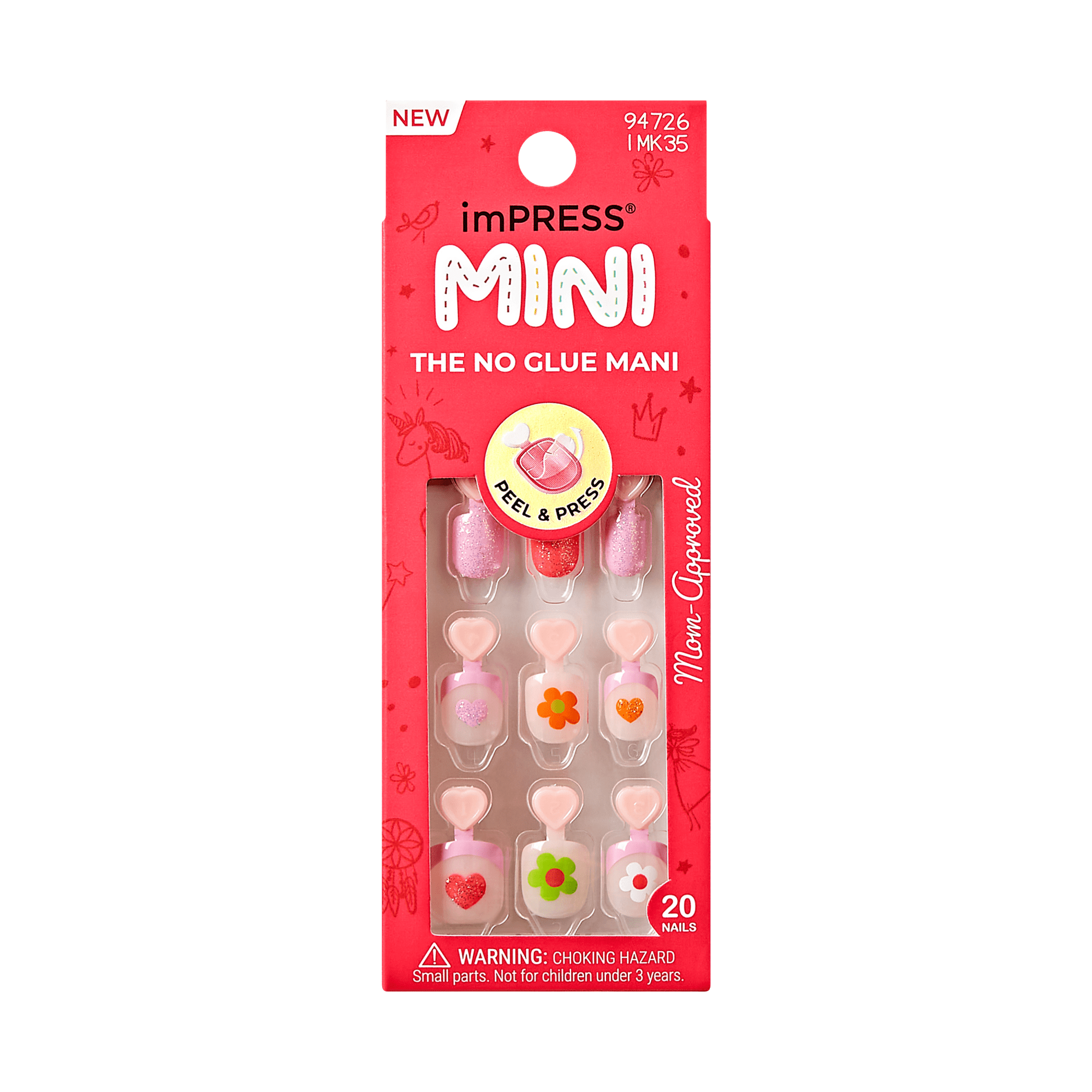 The image features a packaging for imPRESS Mini press-on nails. The design is bright red with a playful, colorful theme. The package showcases a variety of nail designs, including pink and white colors, some adorned with floral patterns. It emphasizes that the product is "The No Glue Mani" and is labeled as "Mom Approved." The packaging also includes a warning about small parts being a choking hazard for children under three years old. Overall, it presents a fun and convenient option for nail decoration.