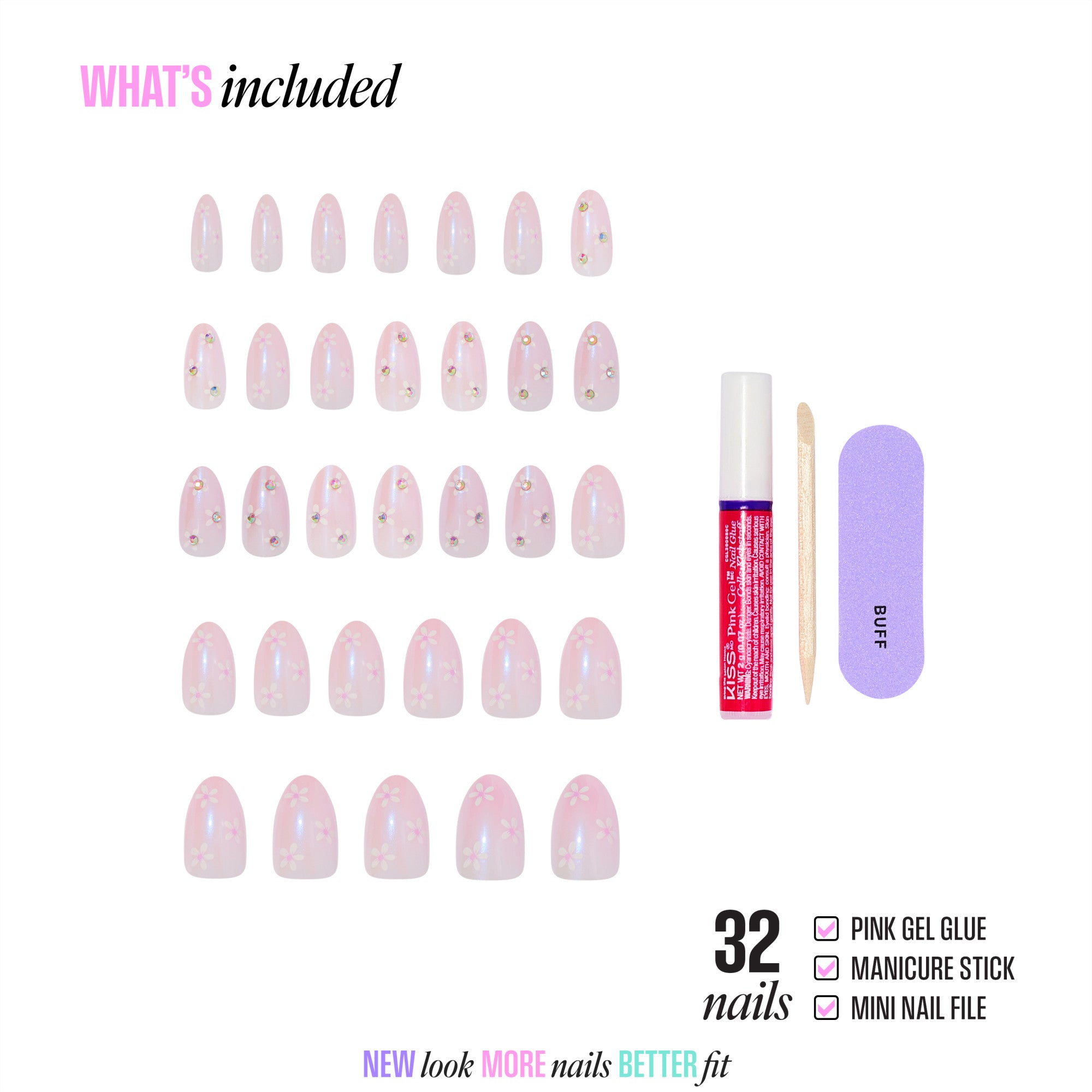 32 pink gel press-on nails with rhinestones, gel glue, manicure stick, and nail file included.