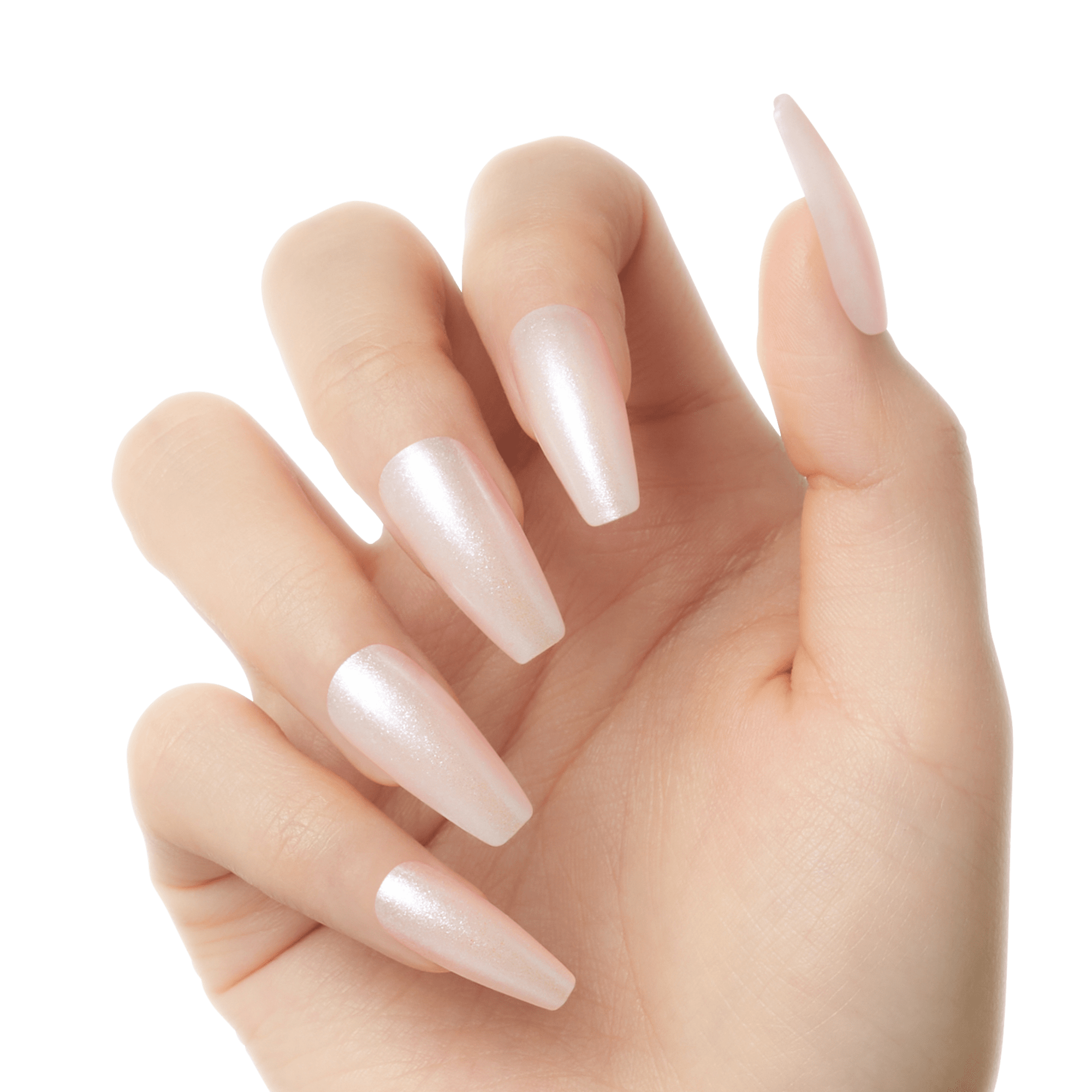 Light pink, pearl-finish long coffin-shaped press-on nails applied on a hand with a natural skin tone, showing nail length and shape clearly.