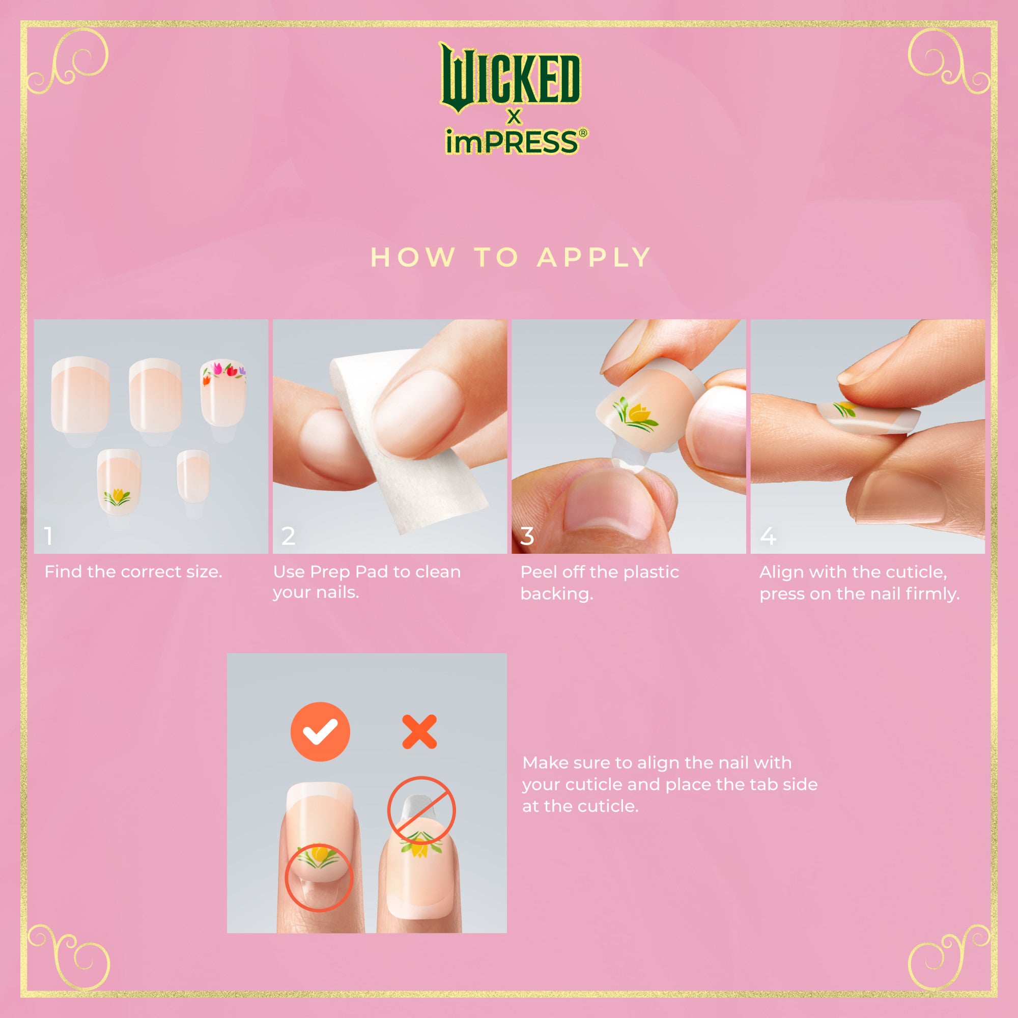 Pink instructional card for WICKED X imPRESS press-on nails with gold decorative border. Headline \