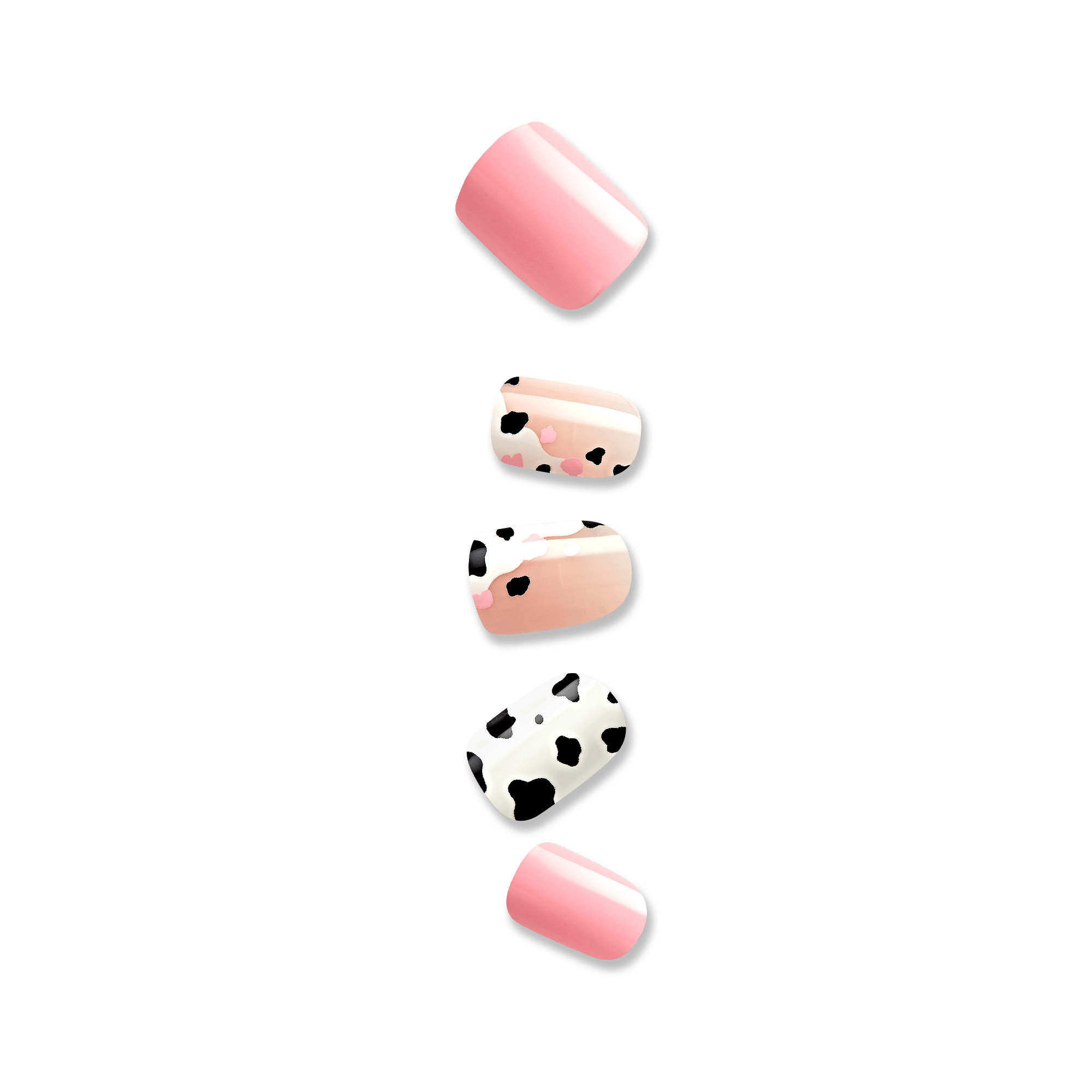 Set of five press-on nails featuring a mix of solid soft pink nails and animal print designs with black and pink spots on beige and white backgrounds.