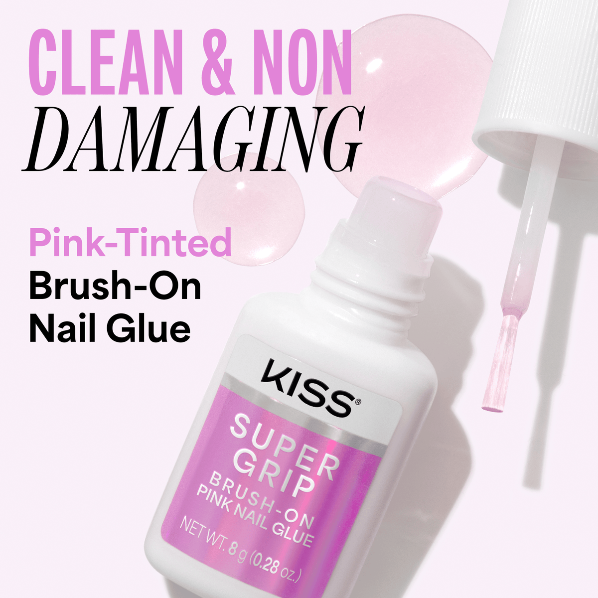 Kiss SuperGrip Brush-On Pink Nail Glue | Nail Adhesive, Press-On Glue, Vitamin E Infused, Long-Lasting Wear, Clean & Strong, Pink Tint, 0.28 oz.