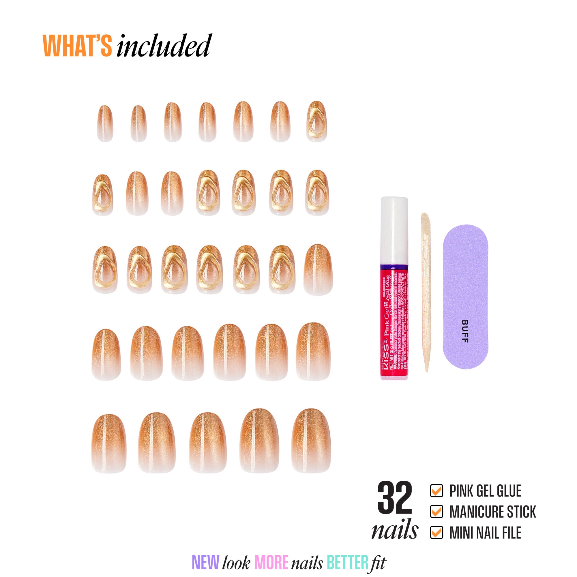 32-piece press-on nail set with gel glue, manicure stick, and nail file included.