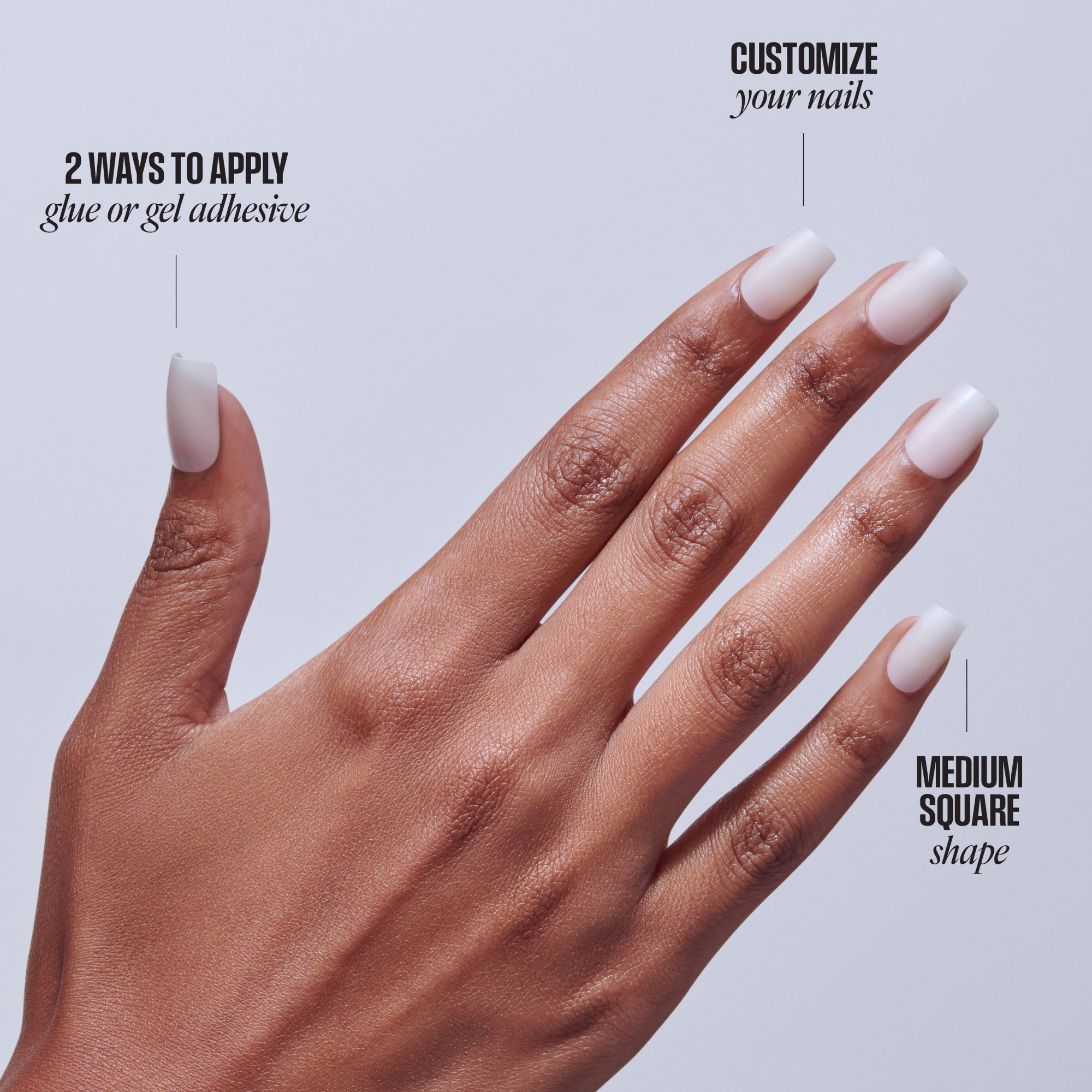 Press-on nails with white medium square tips on brown skin, showing glue and gel adhesive application options.