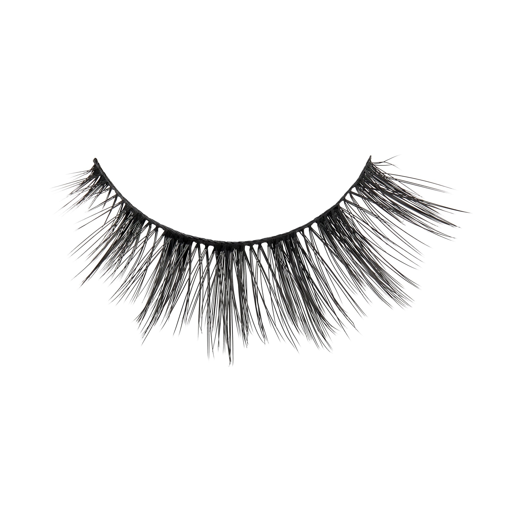 Single black false eyelash with a crisscross pattern and long, wispy strands, shown against a white background.
