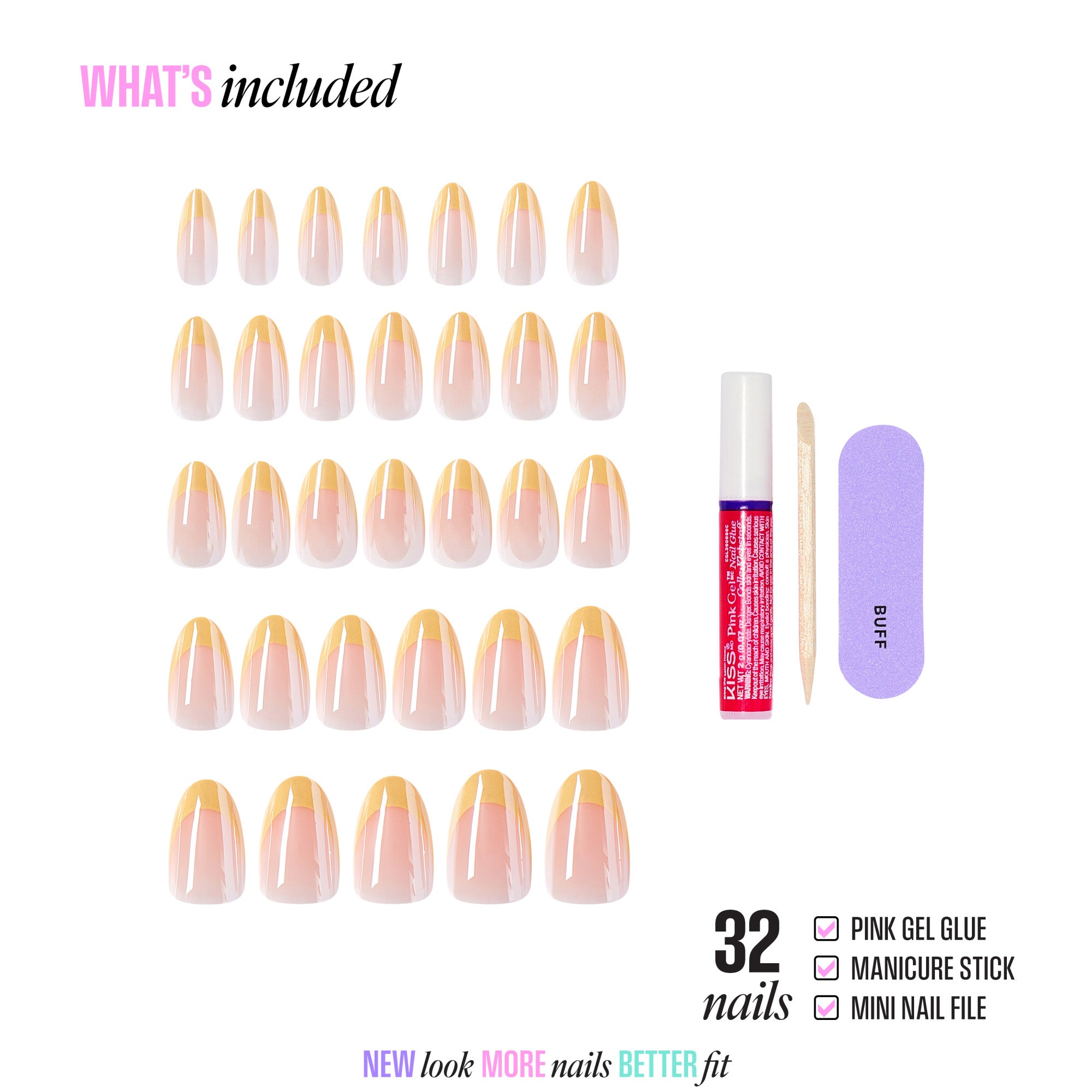 32 press-on nails with gold ombre tips, gel glue, manicure stick, and nail file included.