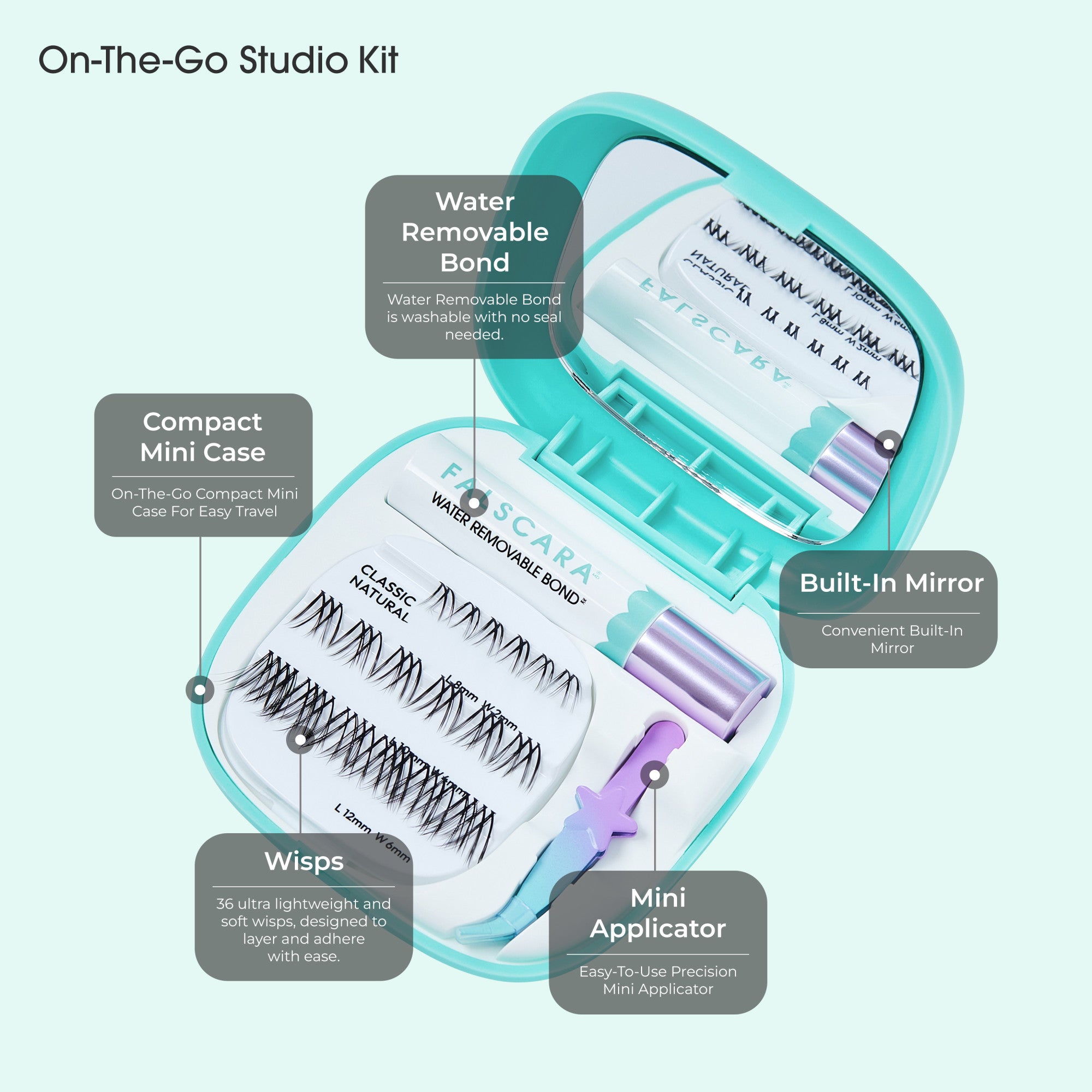 On-The-Go Studio Kit with lashes, applicator, wisps, mirror, bond, and compact case.