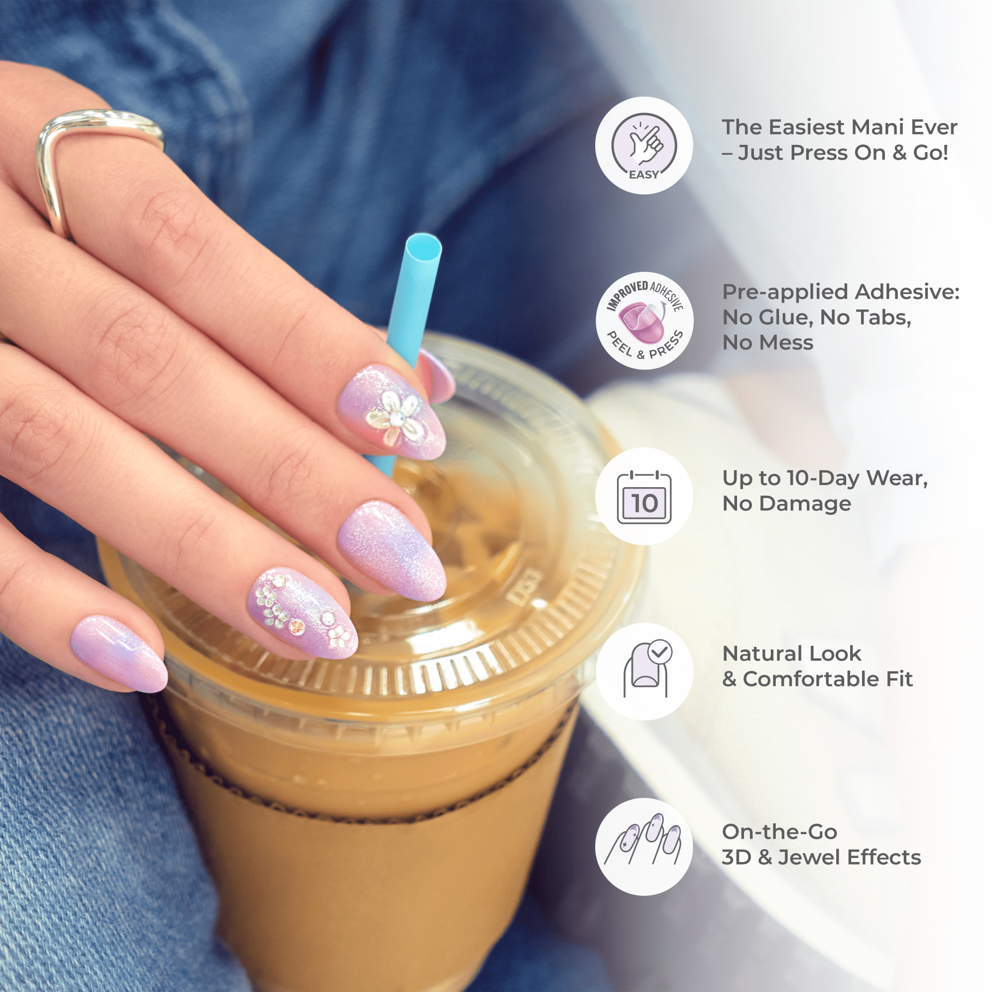Impress Premium No Glue Fake Press On Nails - Couture-geous | 3D & Jewel French, Pink, Medium, Almond, Manicure
