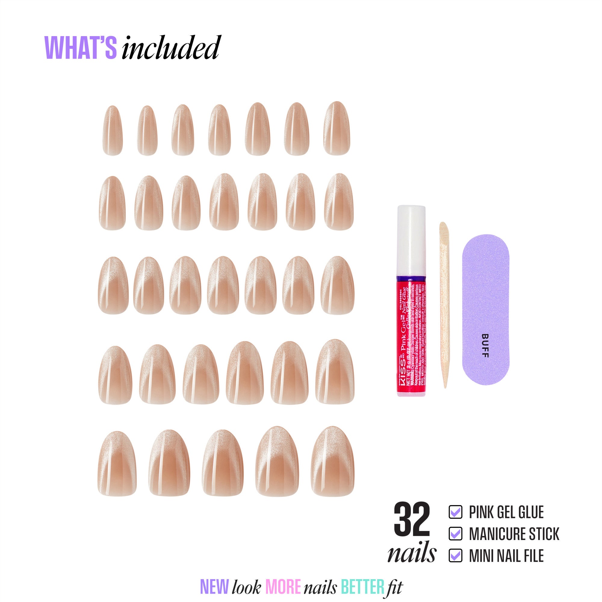 32 nude gel nails with pink gel glue, manicure stick, and mini nail file included.