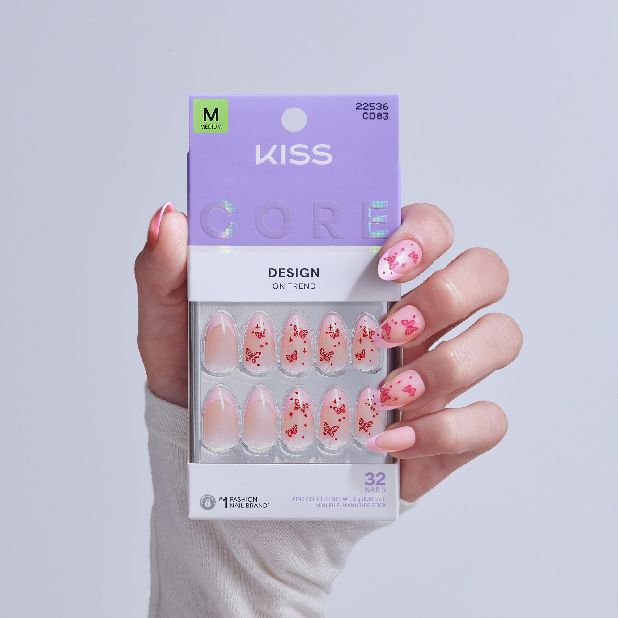 KISS Core Design press-on nails with pink butterfly patterns, size medium, 32 nails.