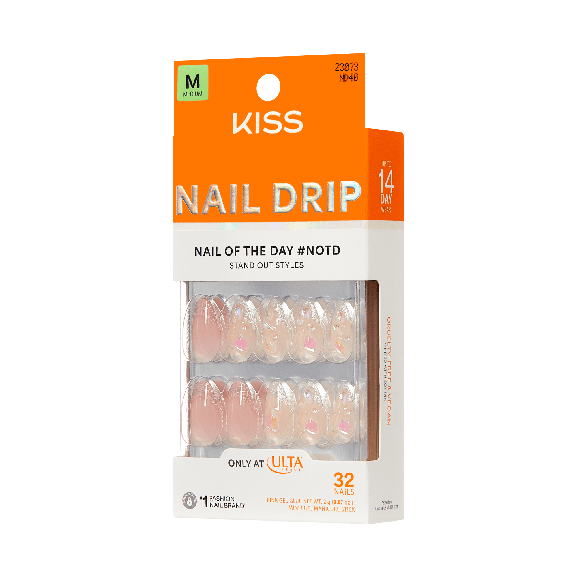 KISS Nail Drip Medium Fake Nails, 32 Count, Nude with Gold Accents