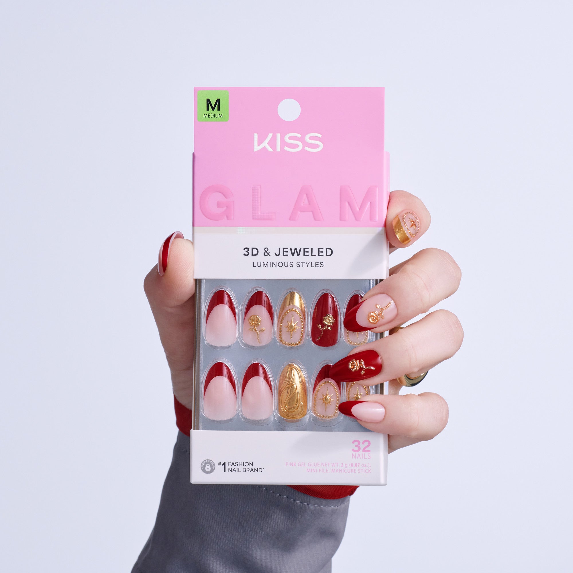 Kiss Glam 3D & Jeweled Press On Fake Glue Nails - Weekend | 3D & Jewel Design, Red, Medium, Almond